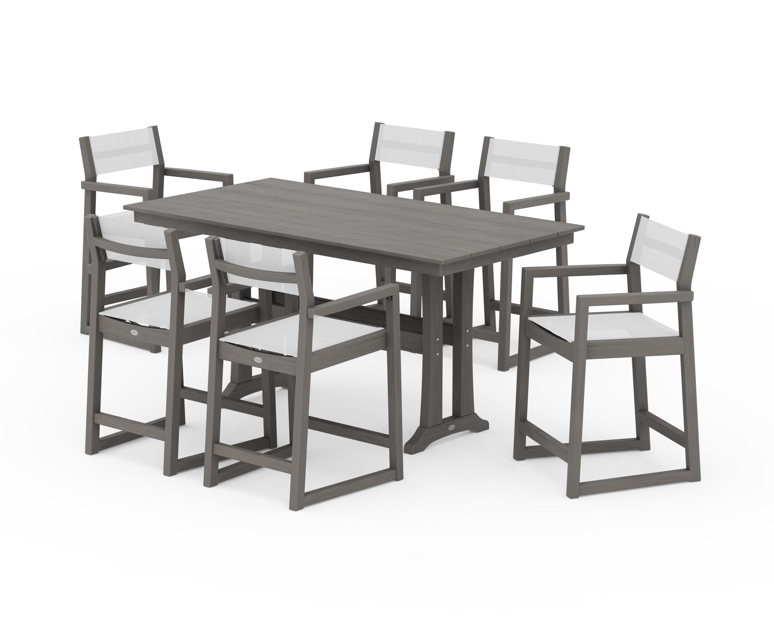 POLYWOOD EDGE Sling Arm Chair 7-Piece Farmhouse Counter Set with Trestle Legs in Driftwood / White Sling