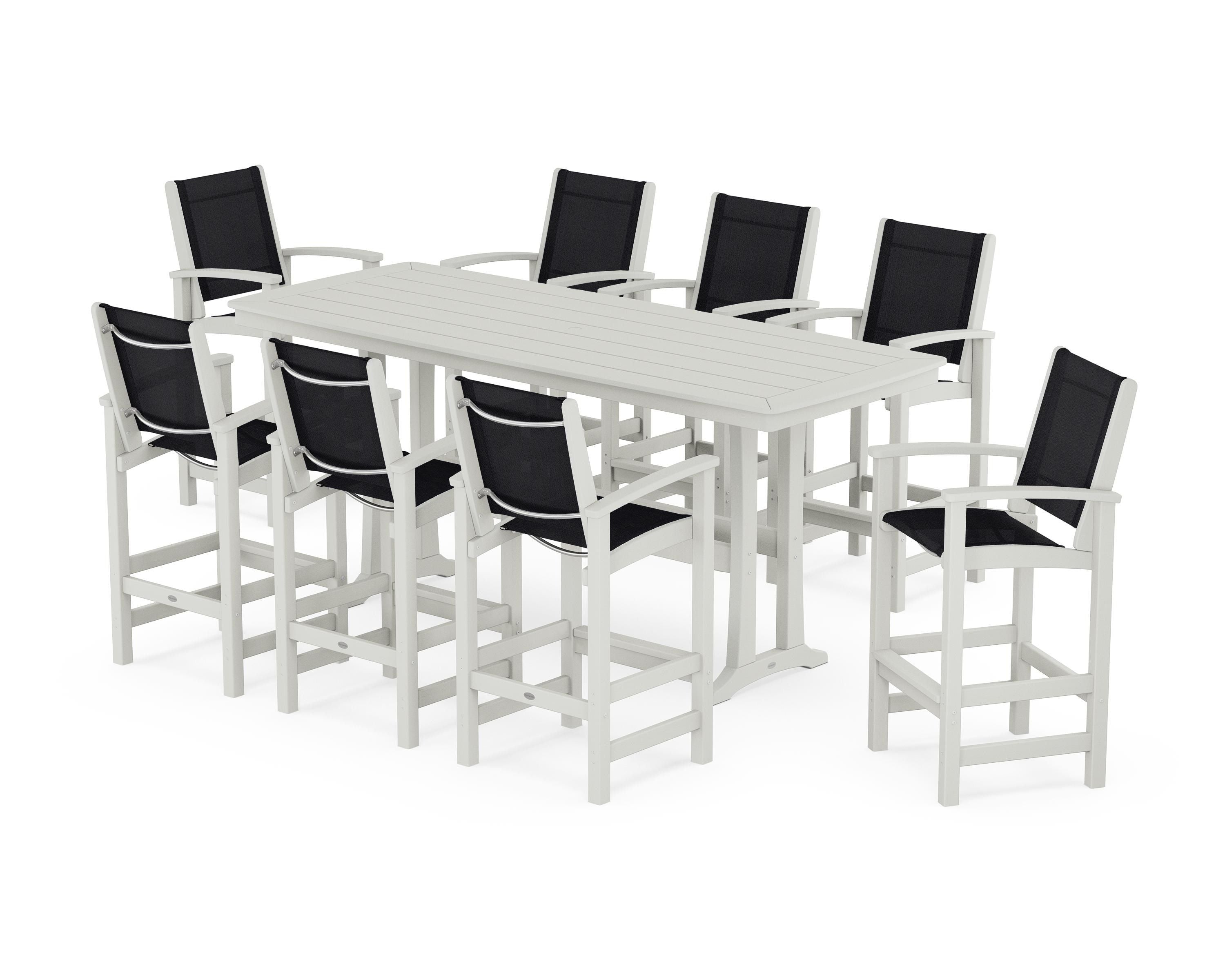 POLYWOOD Coastal 9-Piece Bar Set with Trestle Legs in Vintage White / Black Sling