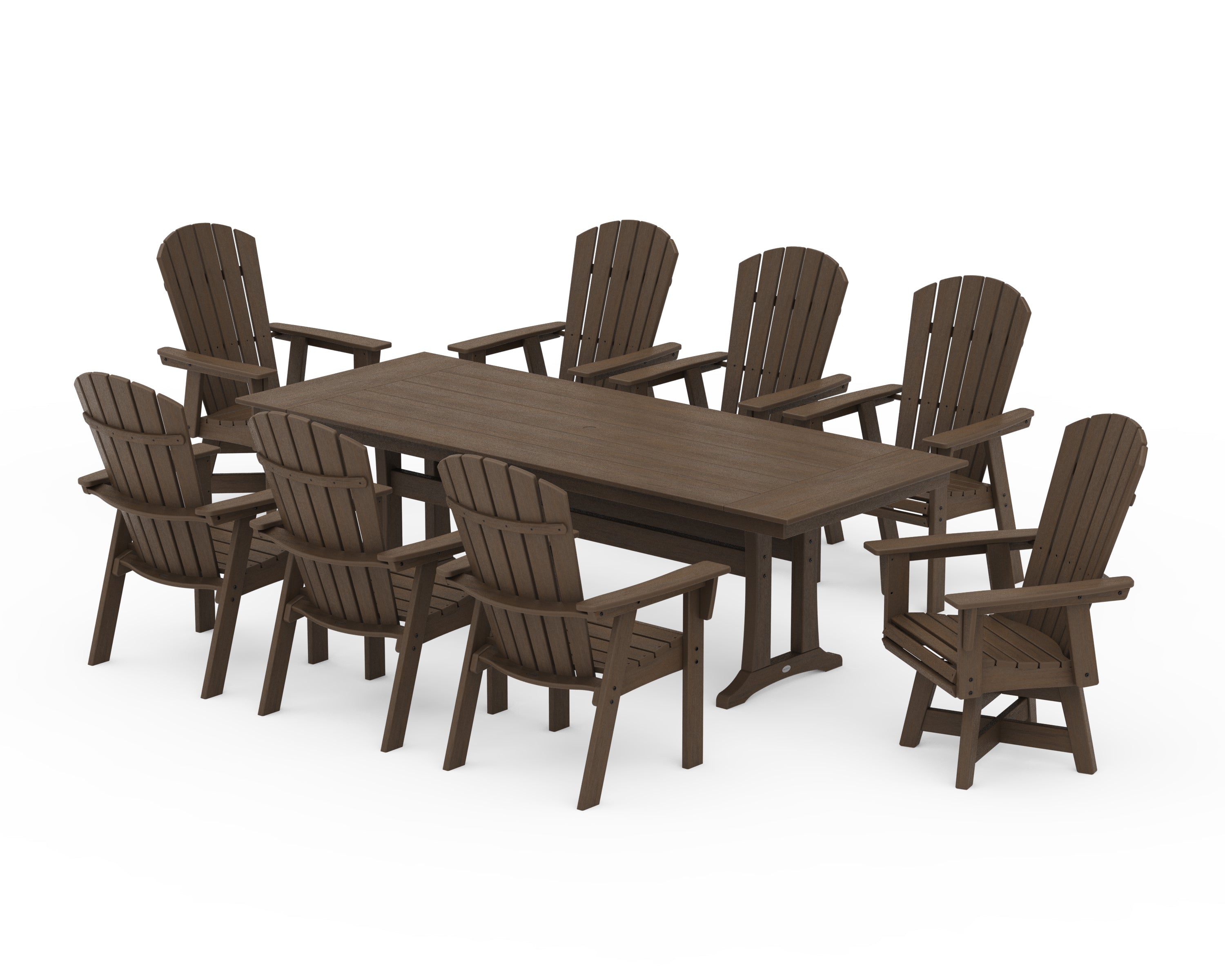 POLYWOOD Nautical Curveback Adirondack Swivel 9-Piece Farmhouse Dining Set with Trestle Legs in Kona