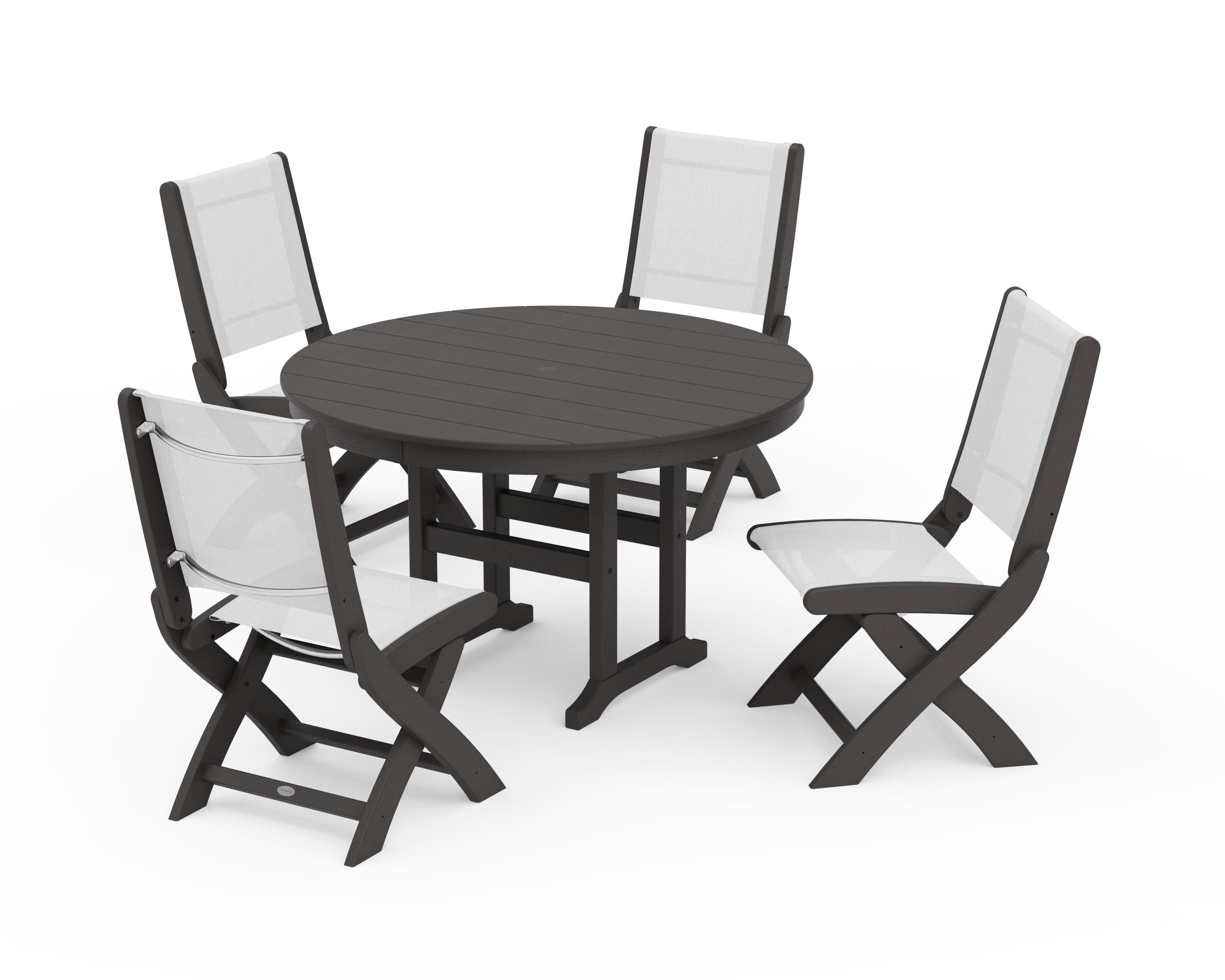 POLYWOOD Coastal Folding Side Chair 5-Piece Round Dining Set in Vintage Coffee / White Sling