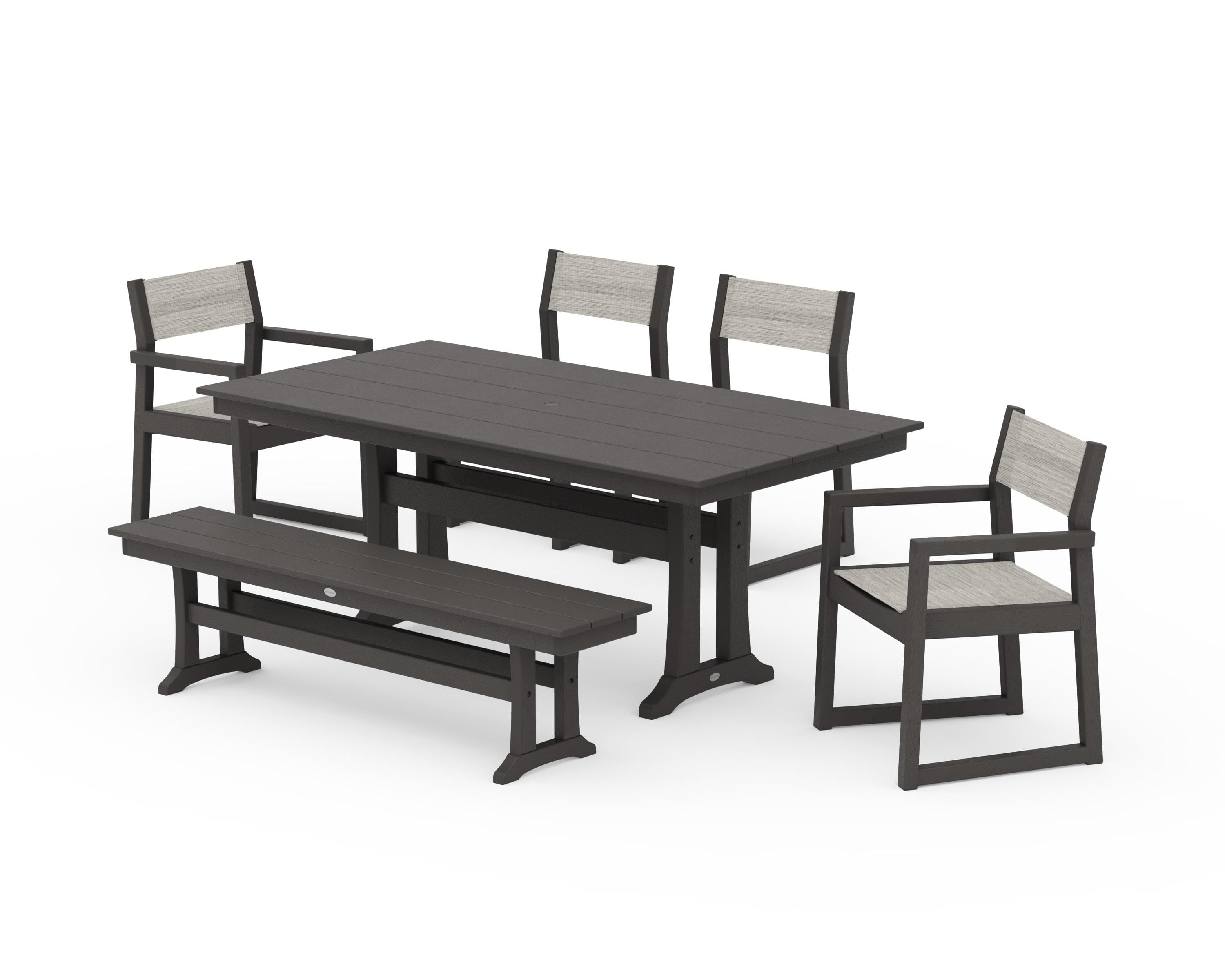 POLYWOOD EDGE Sling 6-Piece Farmhouse Dining Set With Trestle Legs in Vintage Coffee / Birch Sling
