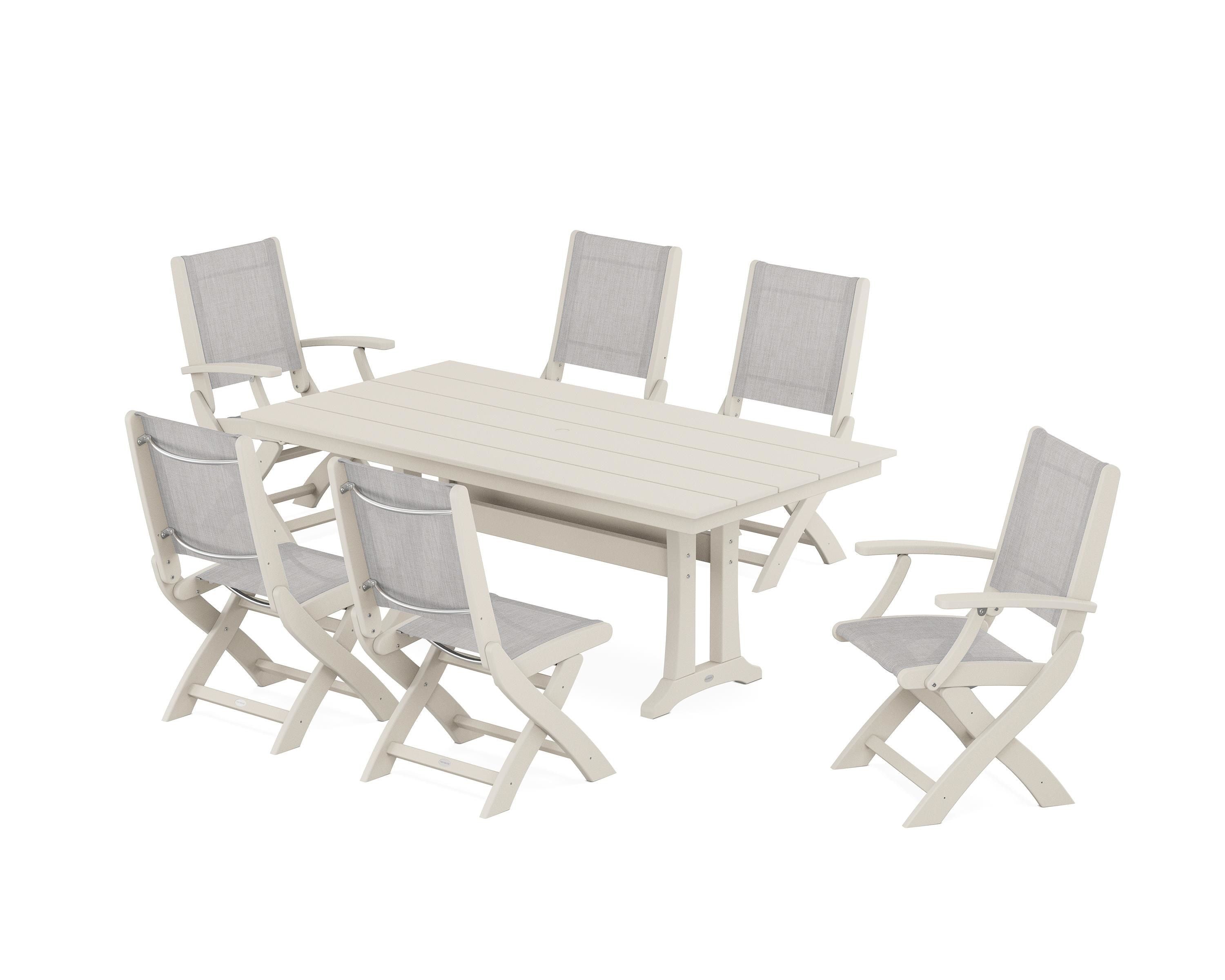 POLYWOOD Coastal Folding Chair 7-Piece Farmhouse Dining Set with Trestle Legs in Sand / Parchment Sling