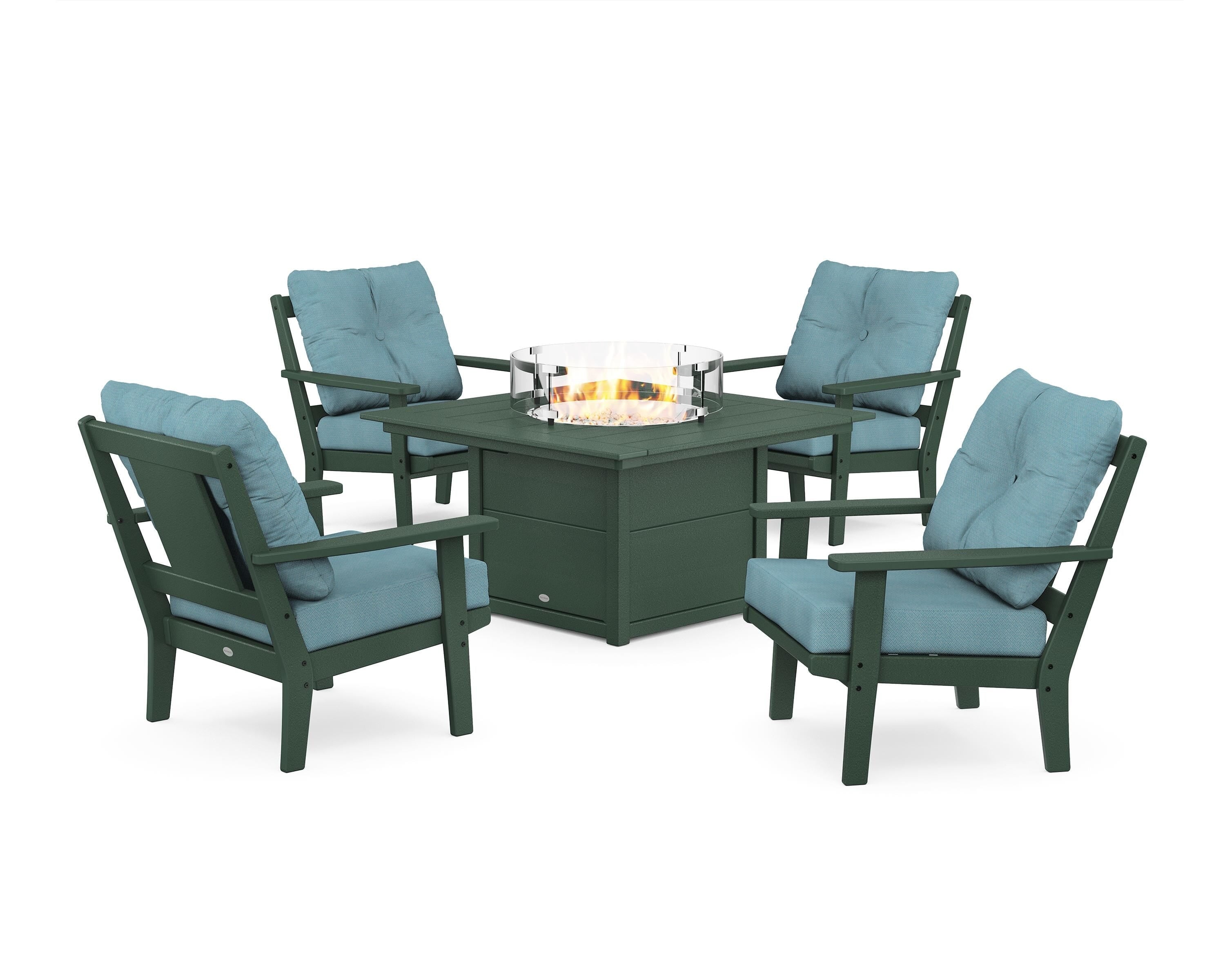 POLYWOOD Prairie 5-Piece Deep Seating Set with Fire Pit Table in Green / Lattice Sky Blue