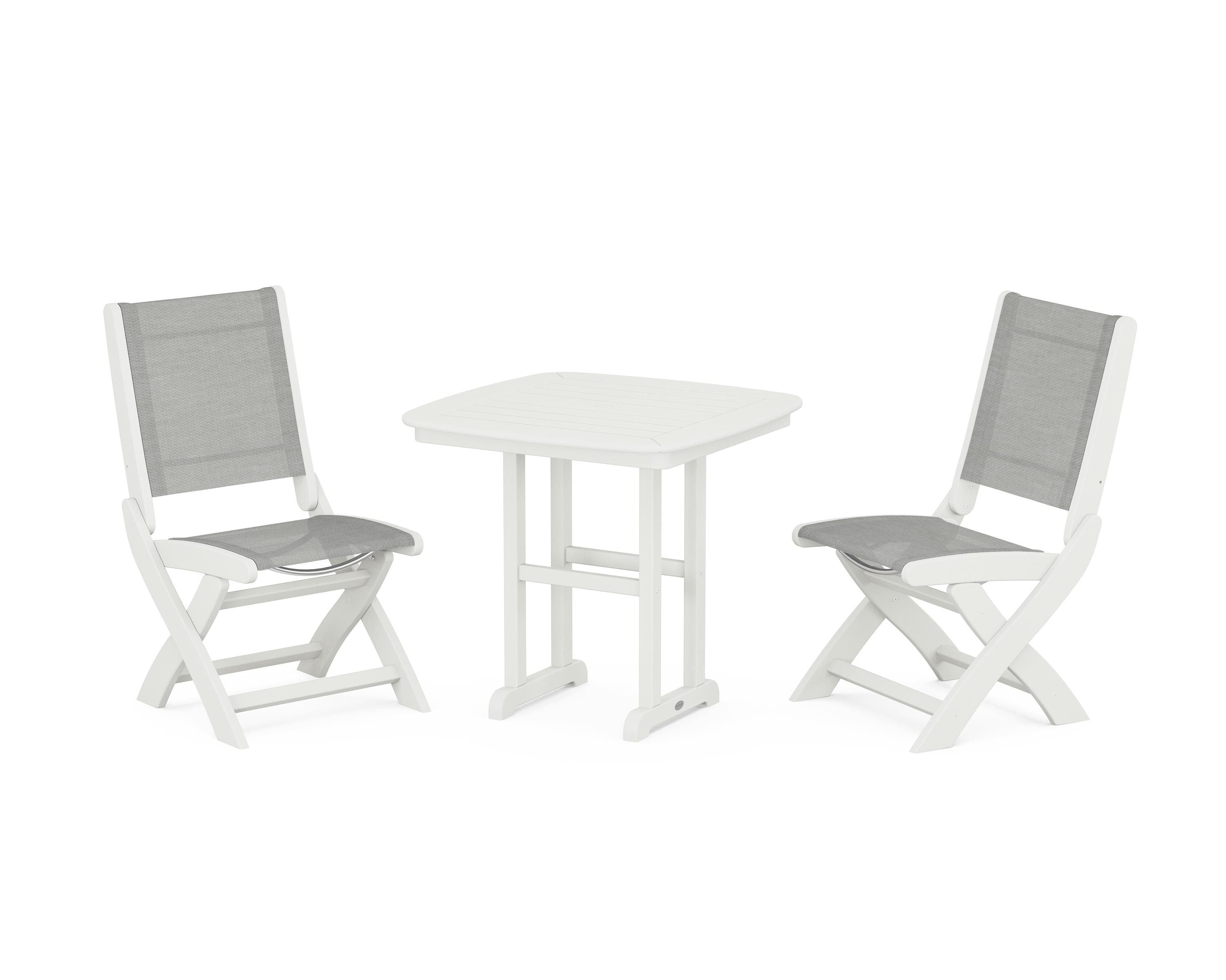 POLYWOOD Coastal Folding Side Chair 3-Piece Dining Set in Vintage White / Metallic Sling