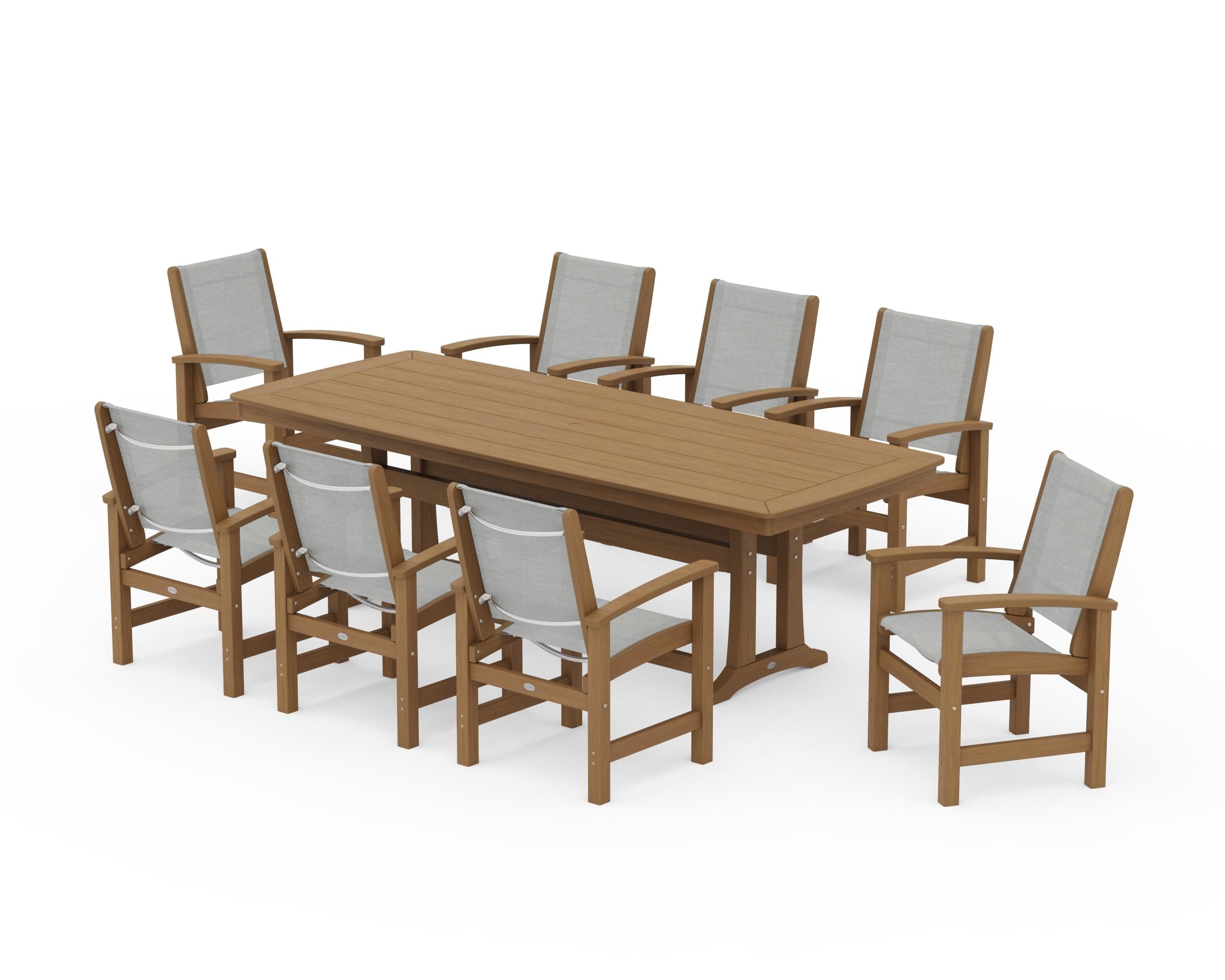 POLYWOOD Coastal 9-Piece Dining Set with Trestle Legs in Natural / Metallic Sling