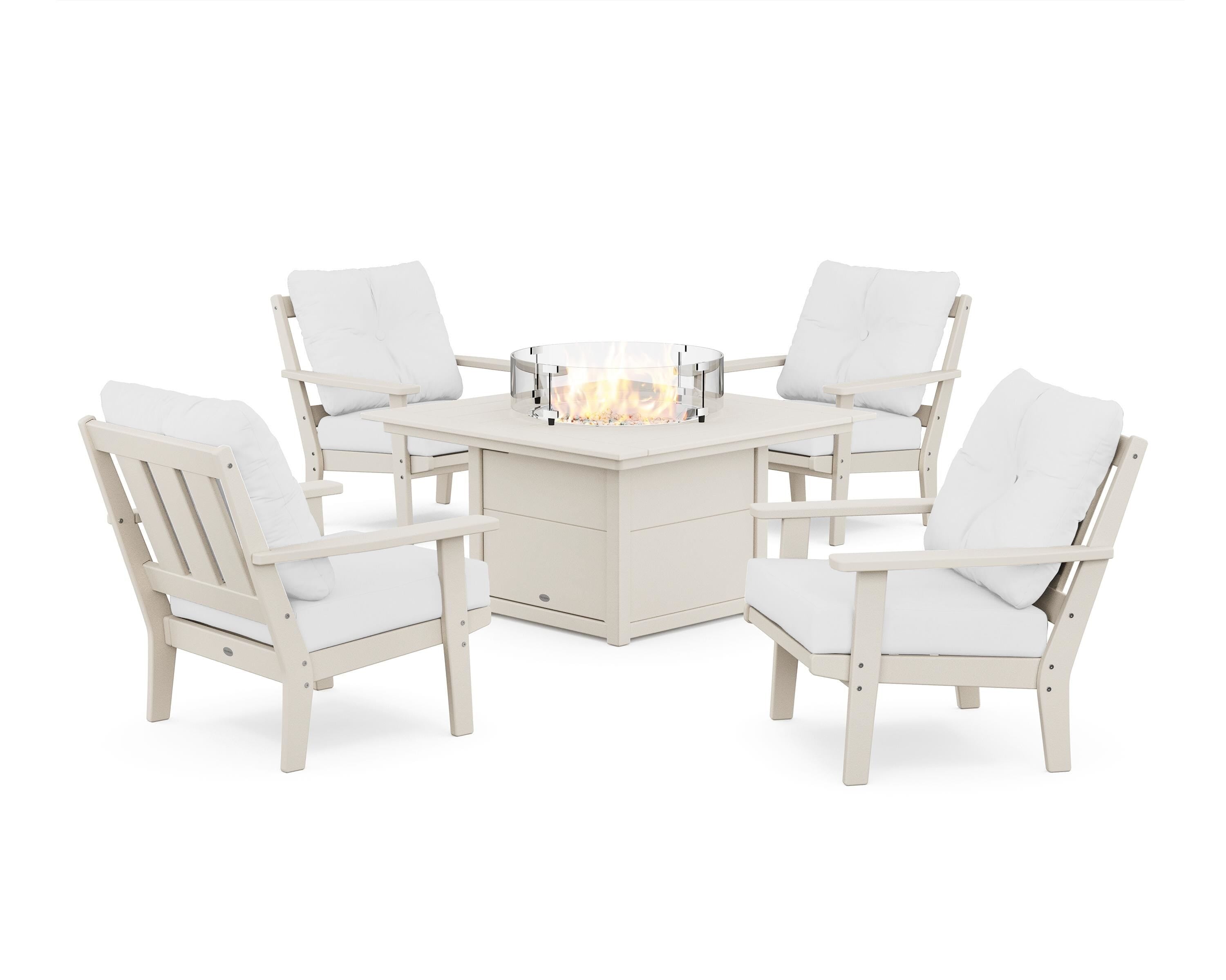 POLYWOOD Oxford 5-Piece Deep Seating Set with Fire Pit Table in Sand / Natural