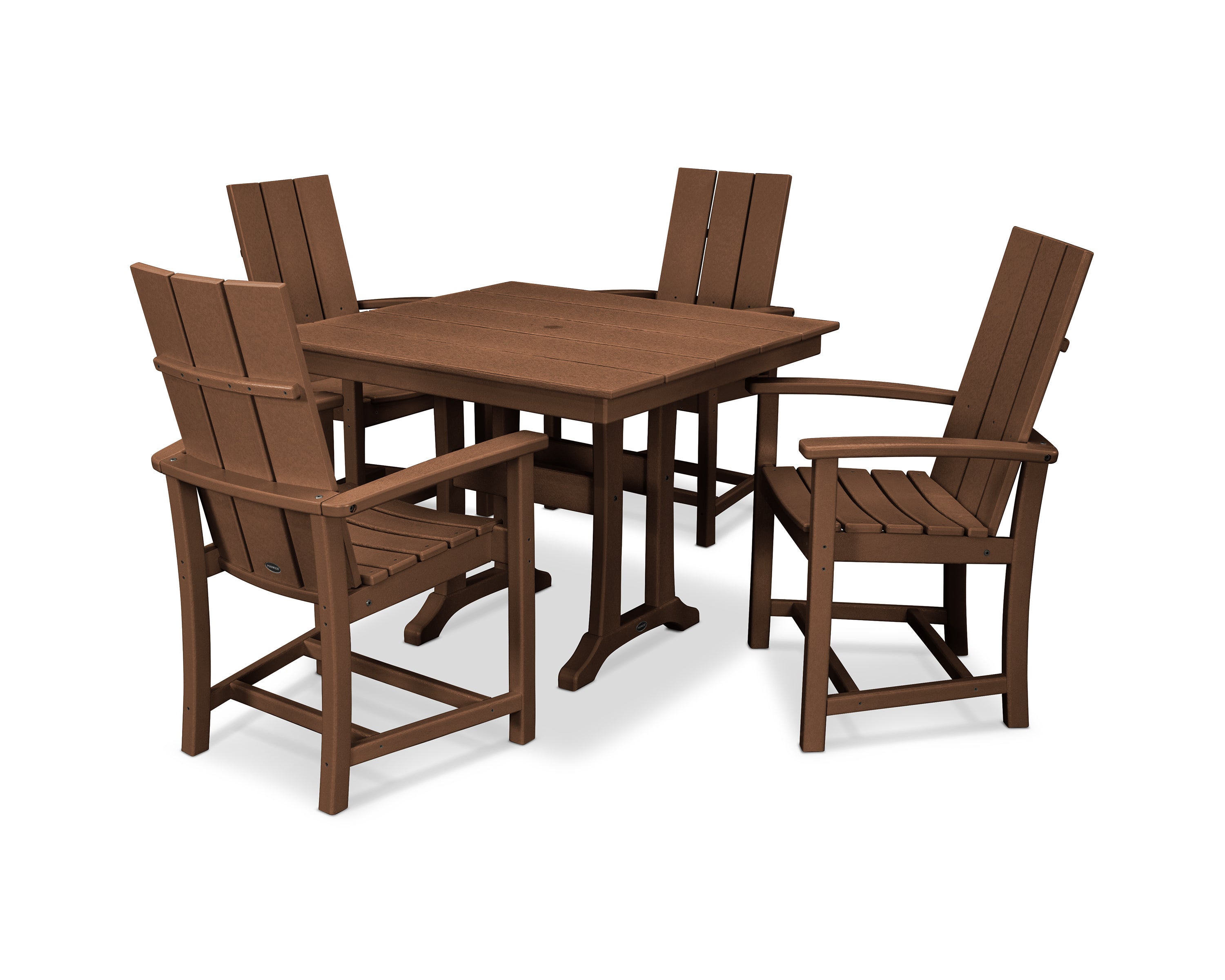 POLYWOOD® Modern Adirondack 5-Piece Farmhouse Trestle Dining Set in Teak