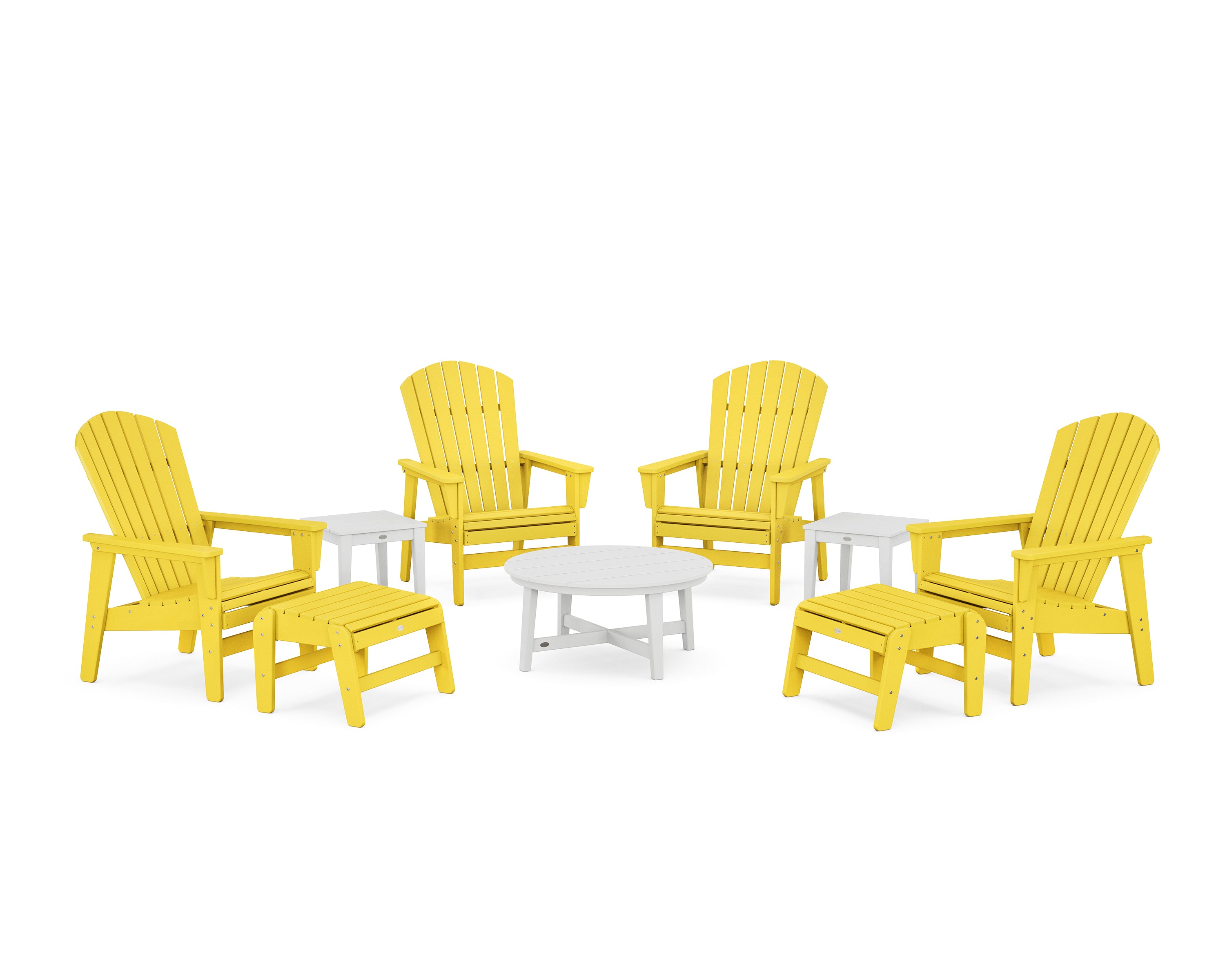 POLYWOOD® Nautical Grand Upright Adirondack 9-Piece Conversation Set in Lemon / White
