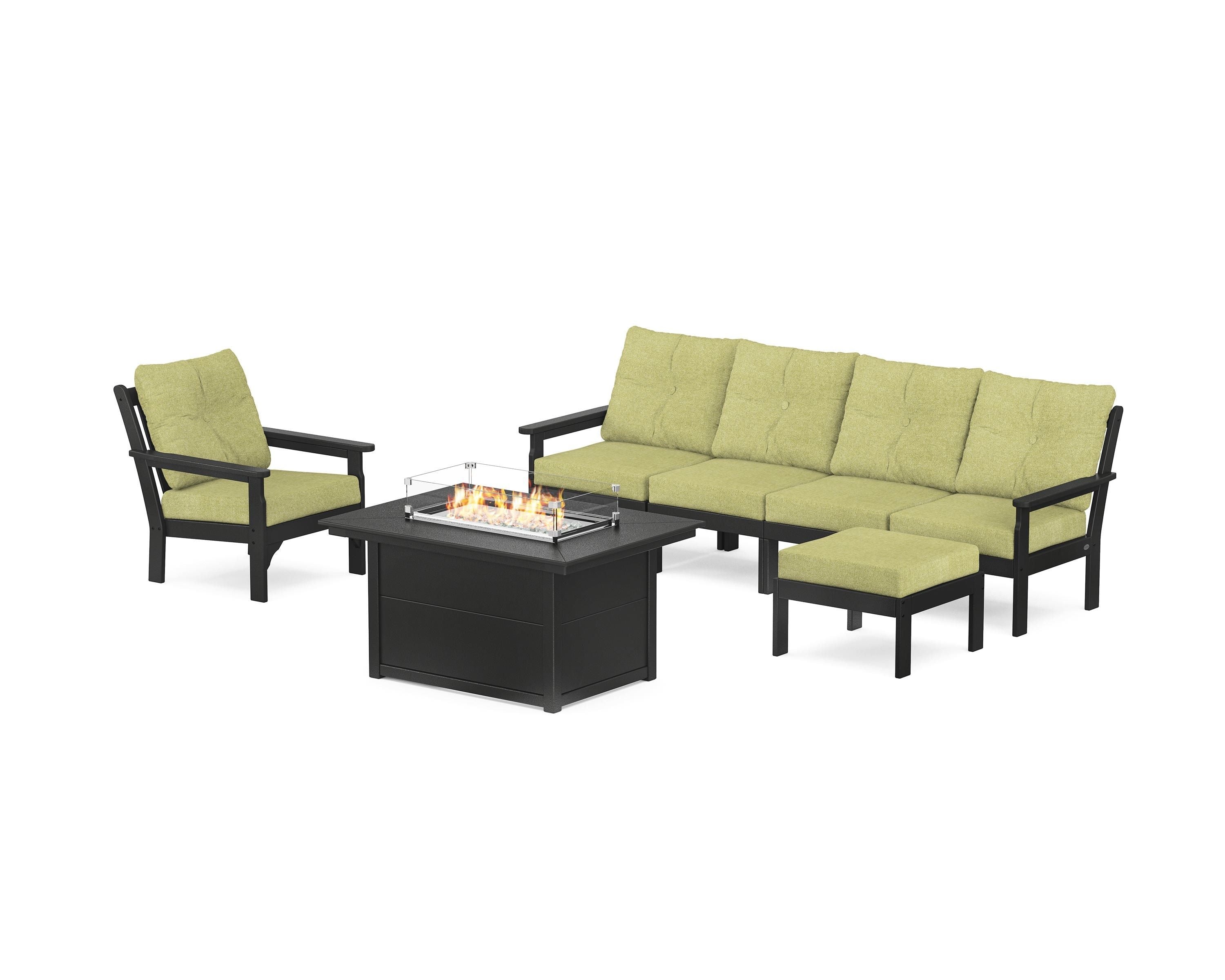 POLYWOOD Vineyard Sectional Lounge and Fire Pit Set in Black / Chartreuse Boucle