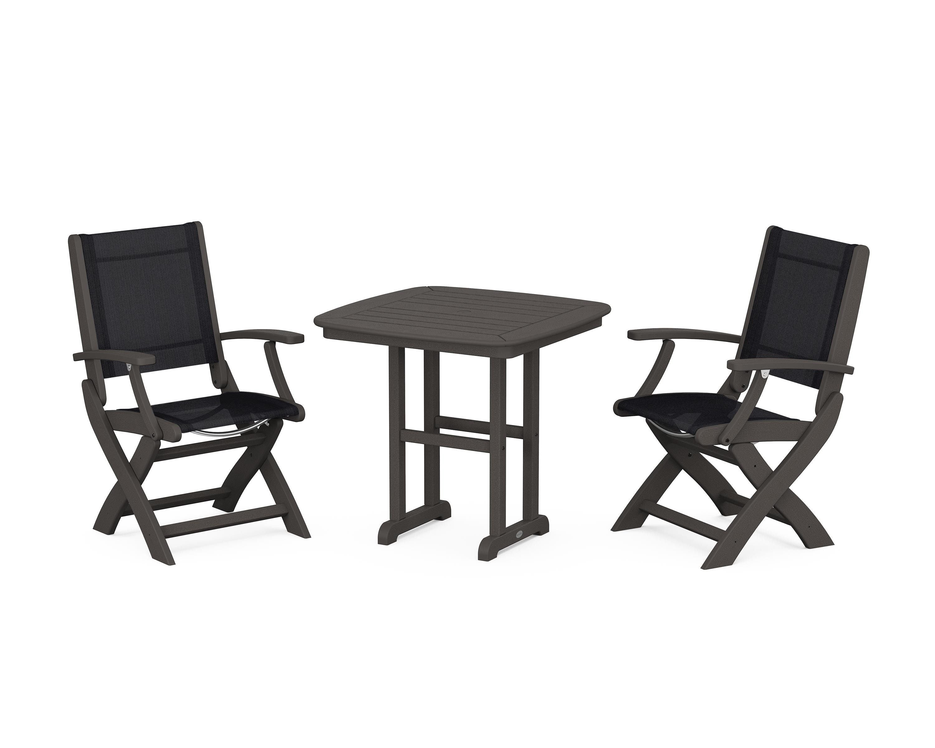POLYWOOD Coastal Folding Chair 3-Piece Dining Set in Vintage Coffee / Black Sling