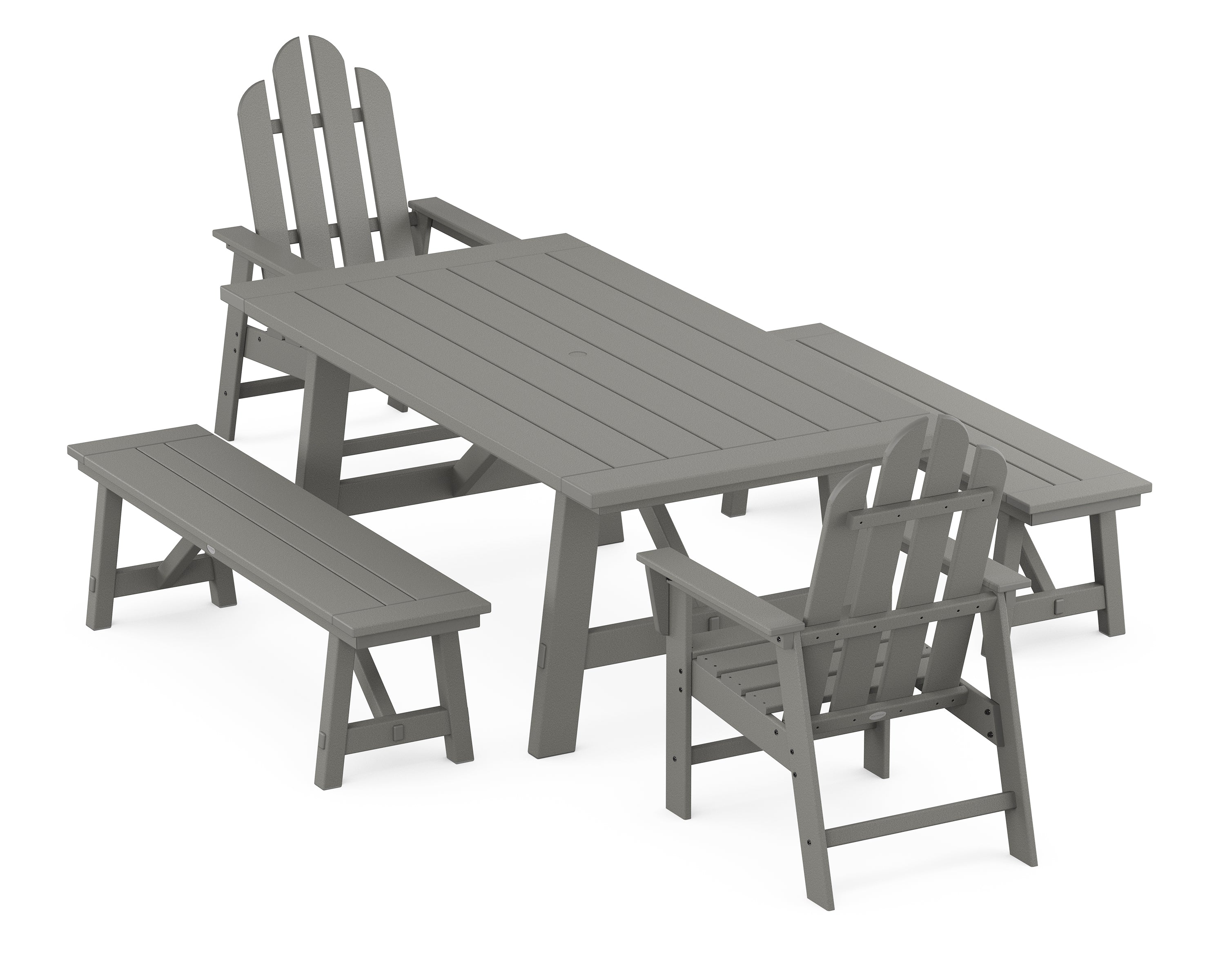 POLYWOOD® Long Island 5-Piece Rustic Farmhouse Dining Set With Benches in Slate Grey
