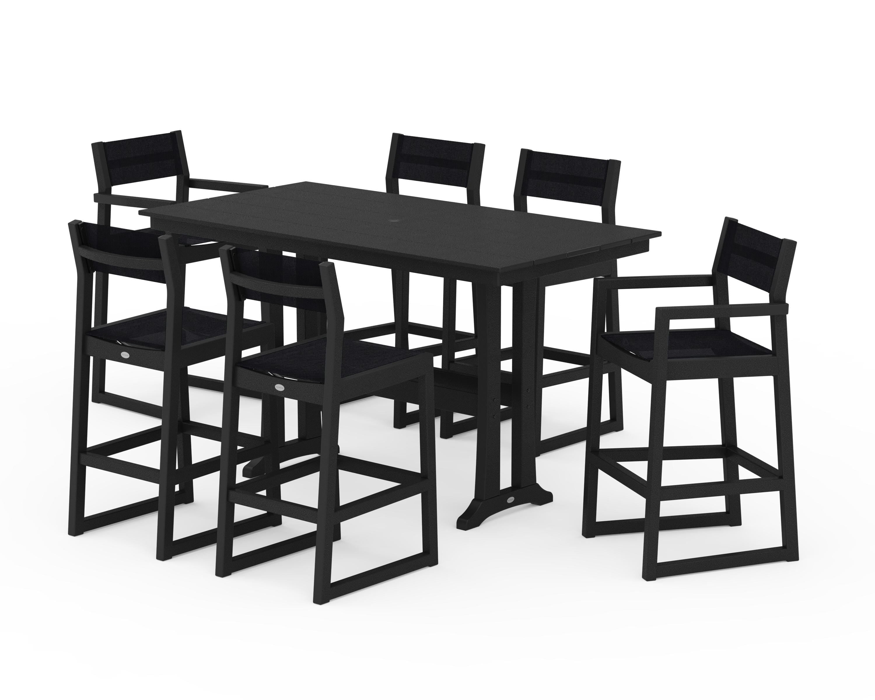 POLYWOOD EDGE Sling 7-Piece Farmhouse Bar Set with Trestle Legs in Black / Black Sling