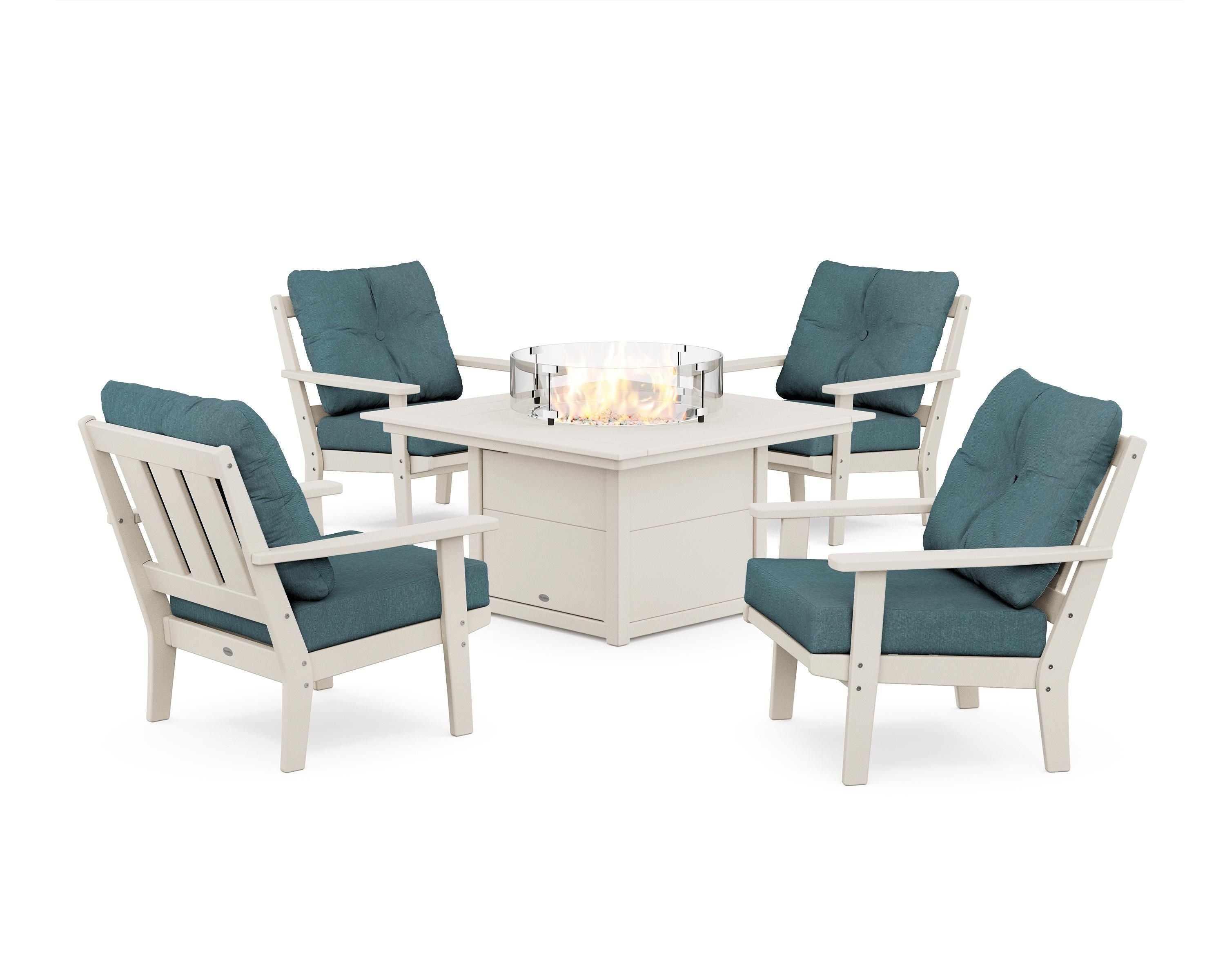 POLYWOOD Oxford 5-Piece Deep Seating Set with Fire Pit Table in Sand / Ocean Teal