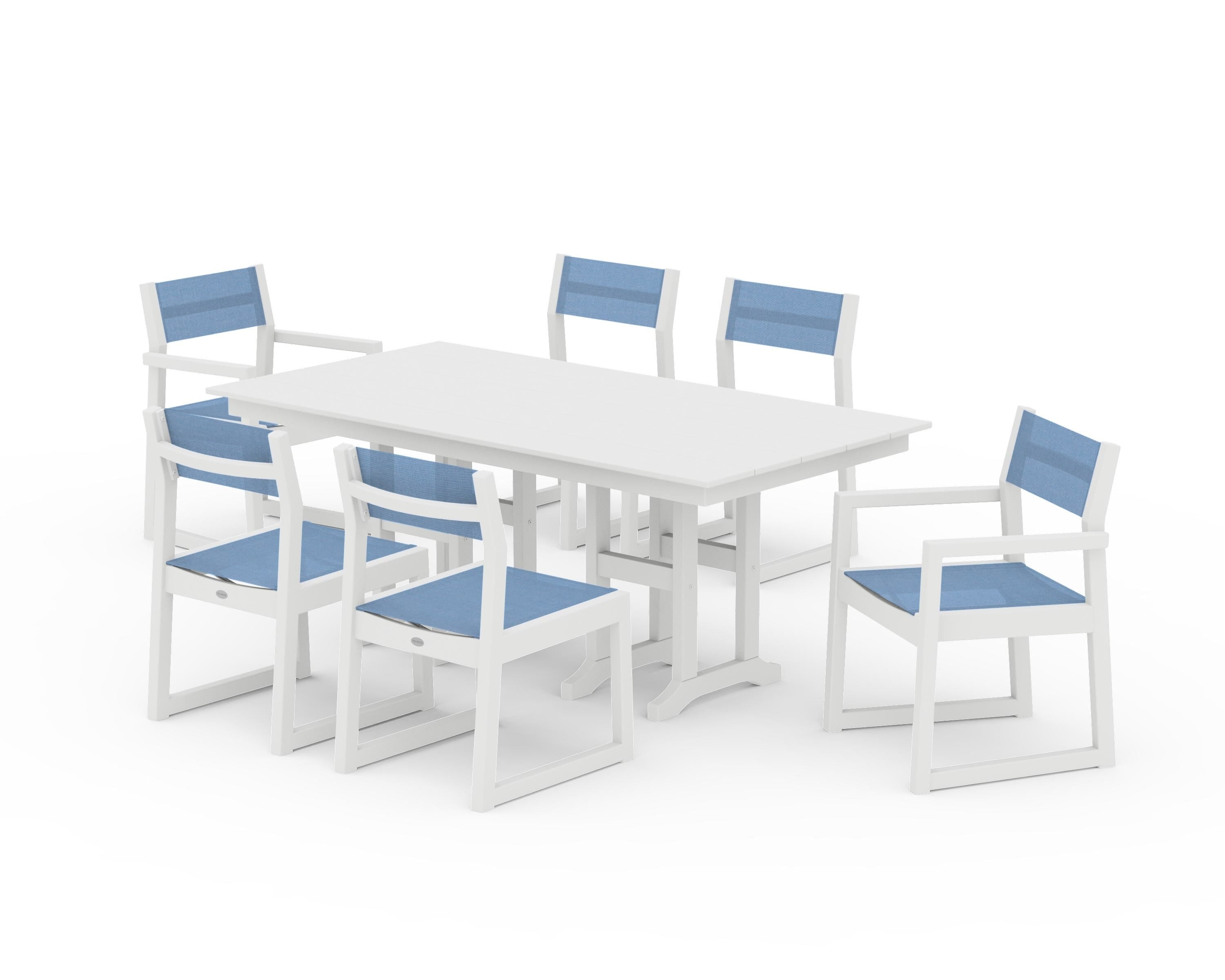 POLYWOOD EDGE Sling 7-Piece Farmhouse Dining Set in White / Poolside Sling