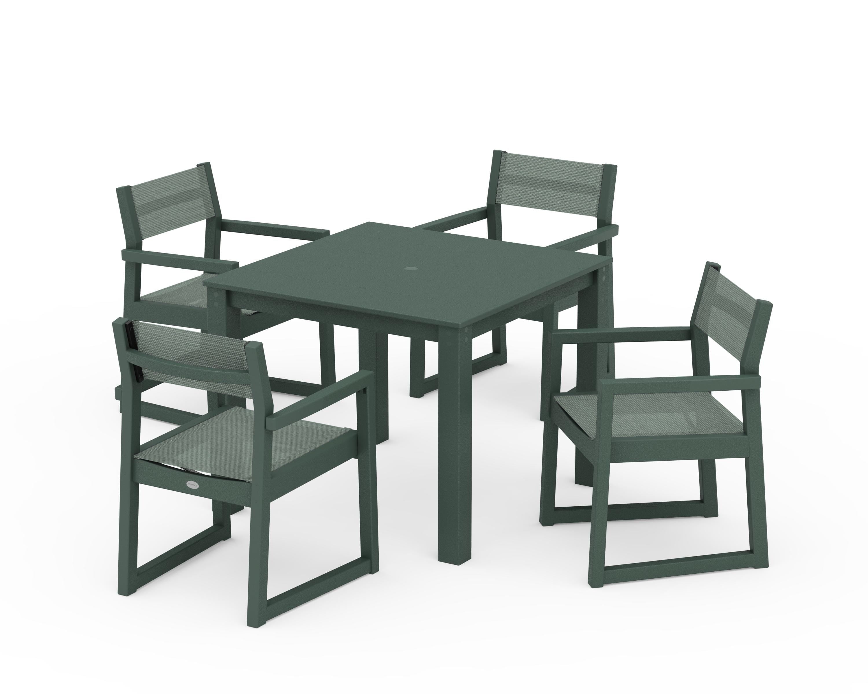 POLYWOOD EDGE Sling Arm Chair 5-Piece Parsons Dining Set in Green / Dupioni Sea Mist Sling