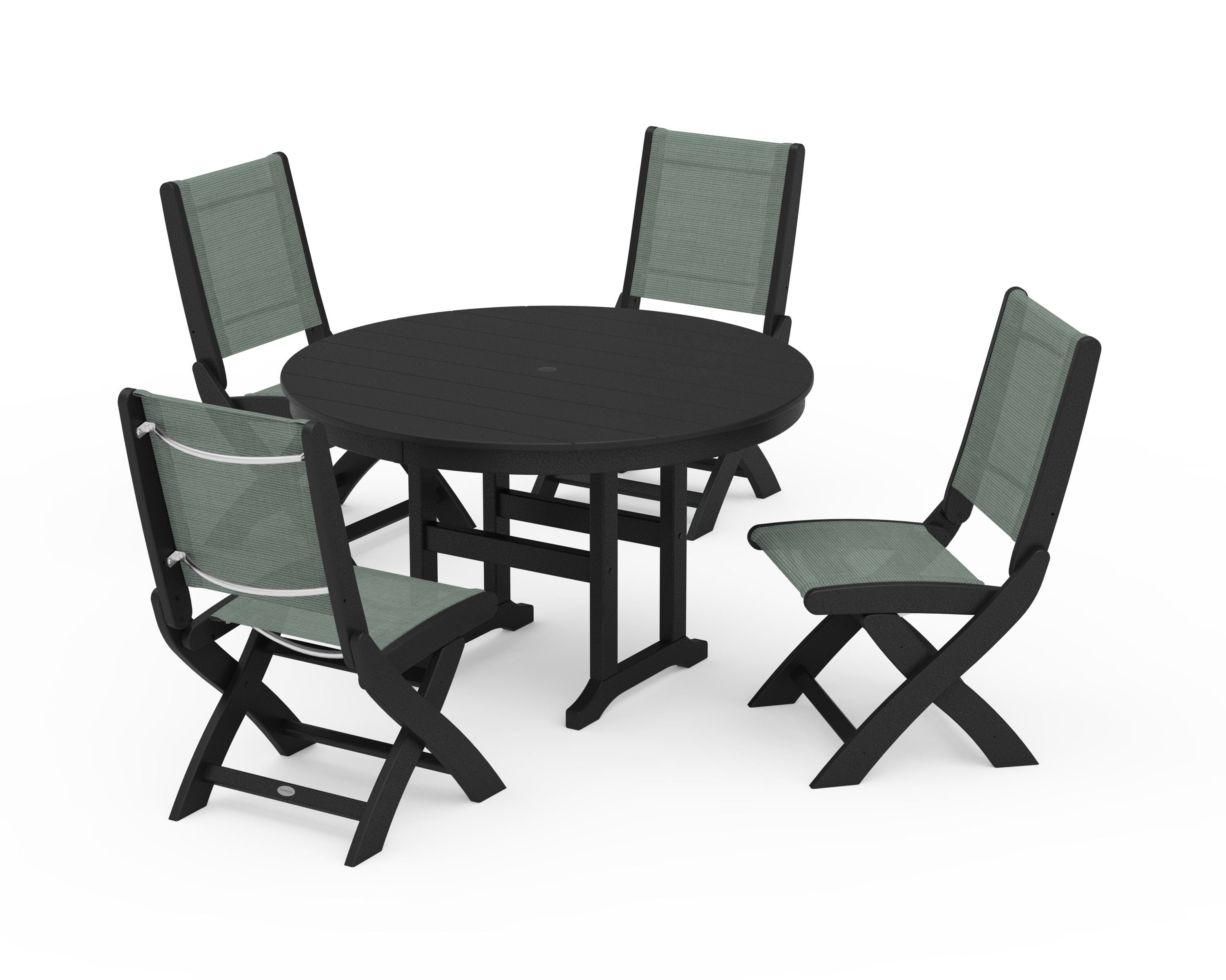 POLYWOOD Coastal Folding Side Chair 5-Piece Round Dining Set in Black / Dupioni Sea Mist Sling