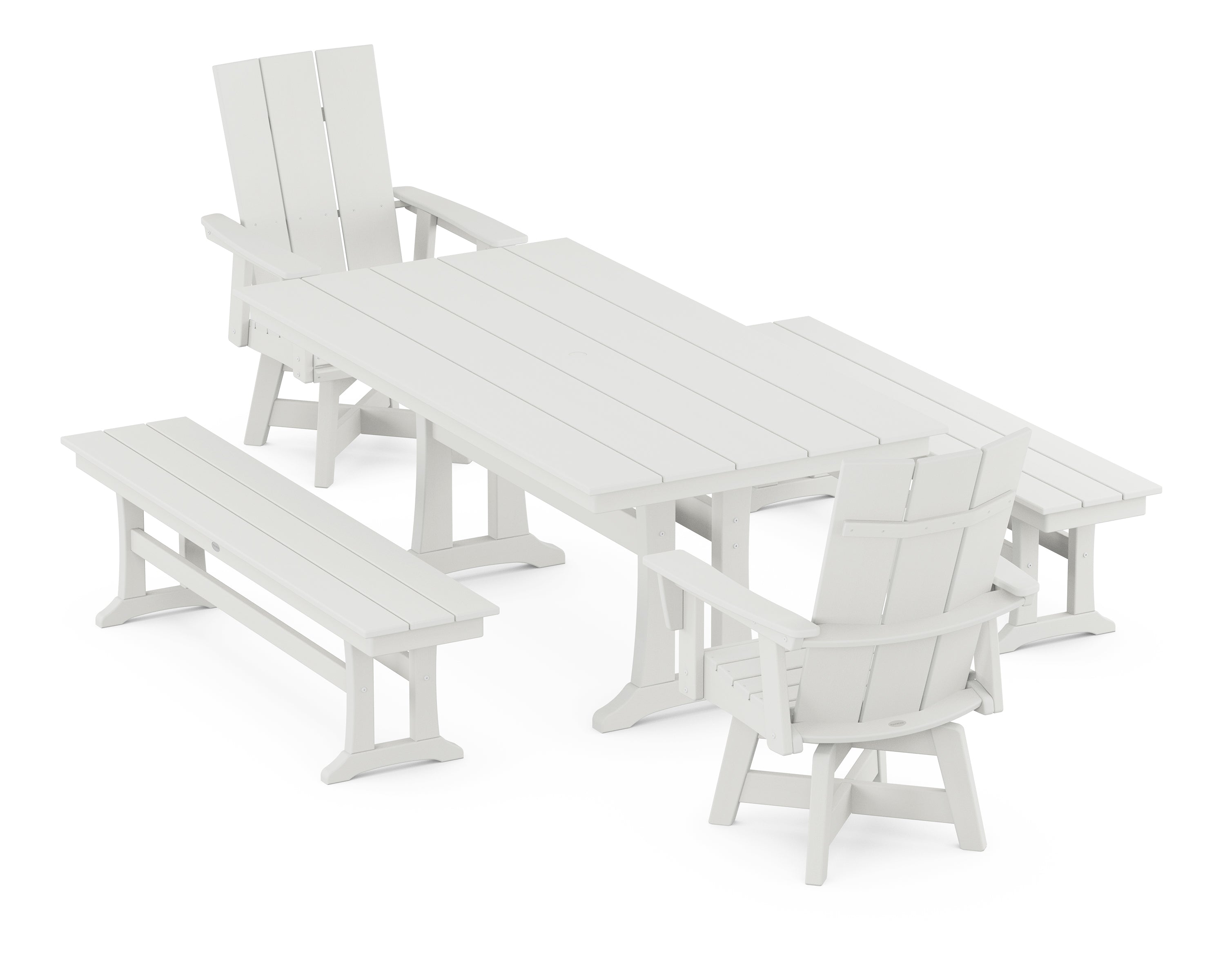 POLYWOOD® Modern Curveback Adirondack Swivel Chair 5-Piece Farmhouse Dining Set With Trestle Legs and Benches in Vintage White