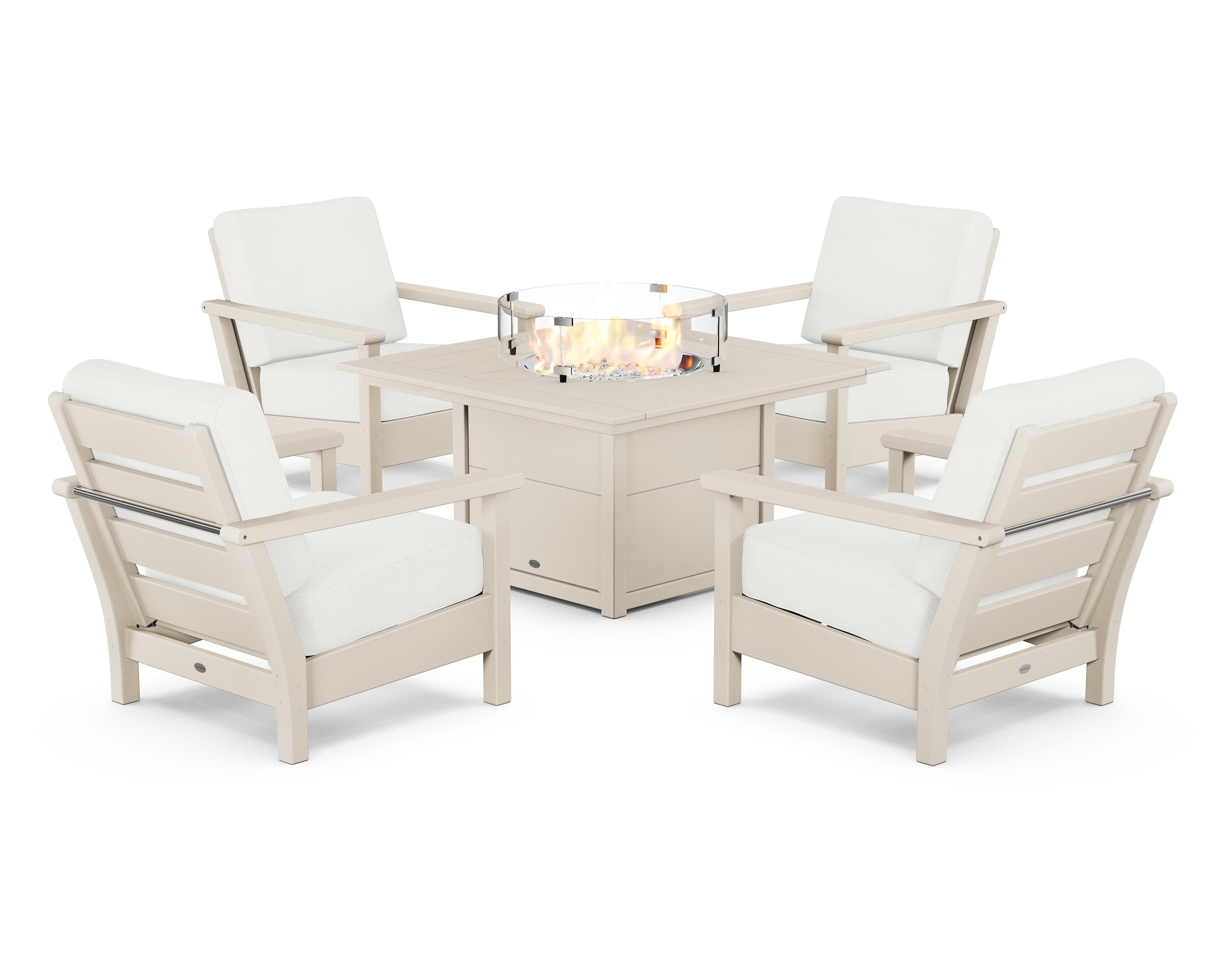 POLYWOOD Harbour 5-Piece Conversation Set with Fire Pit Table in Sand / Natural Linen