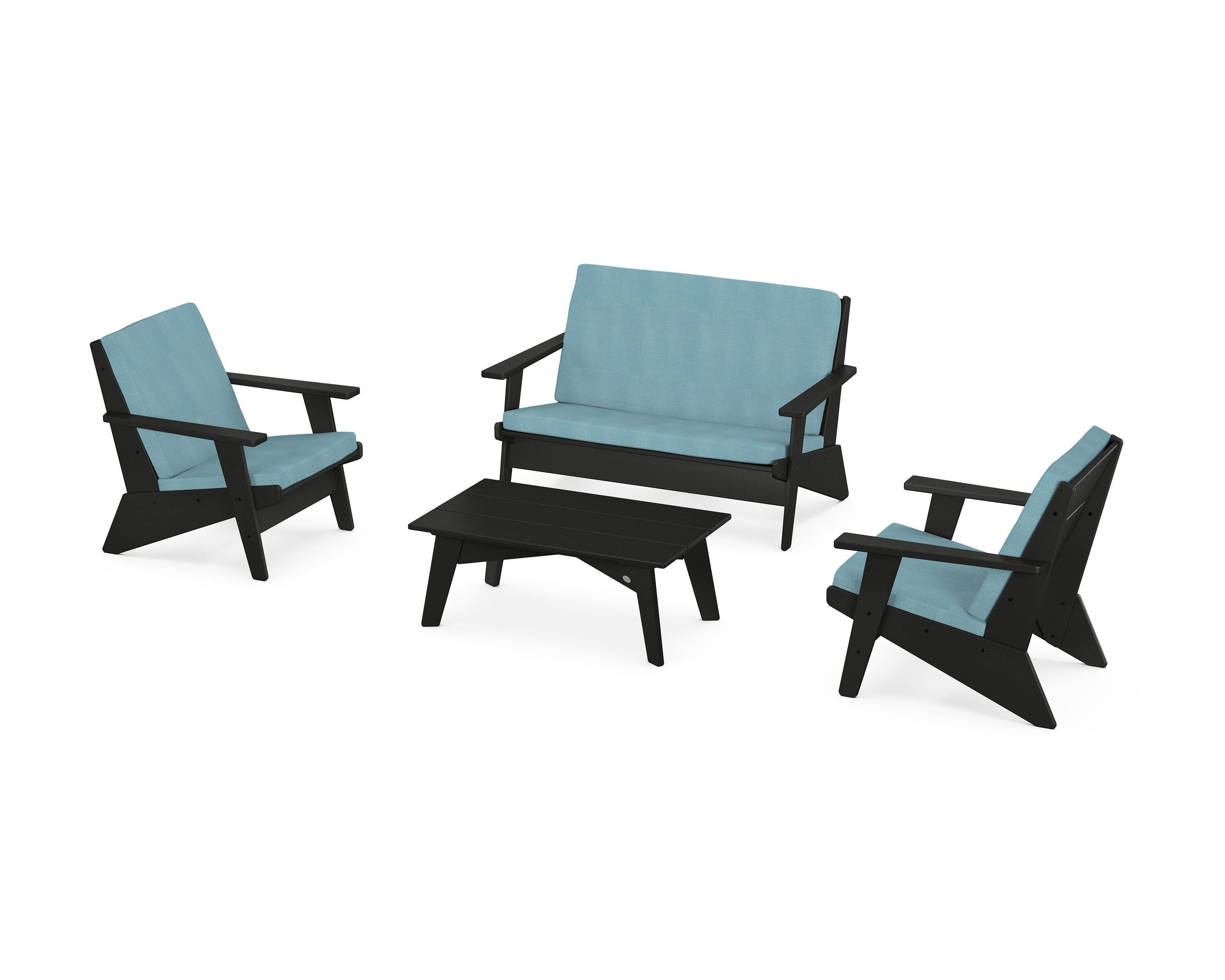 POLYWOOD Riviera Modern Lounge 4-Piece Set in Black / Lattice Sky Blue
