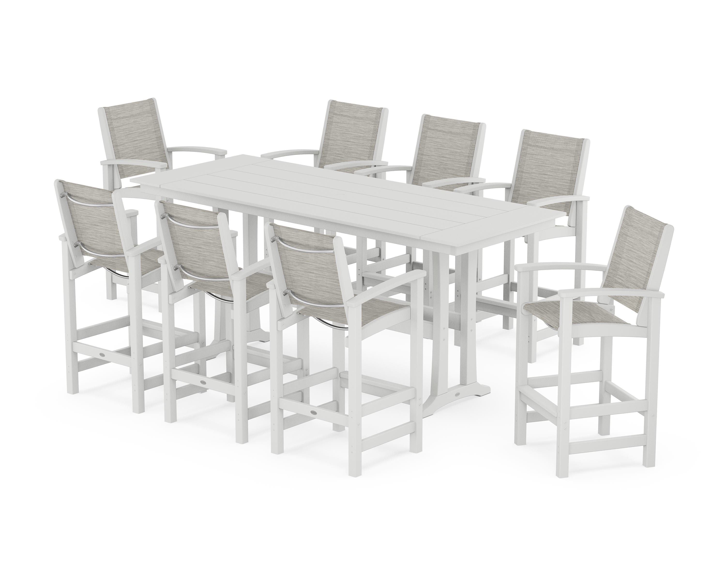 POLYWOOD Coastal 9-Piece Farmhouse Bar Set with Trestle Legs in White / Birch Sling