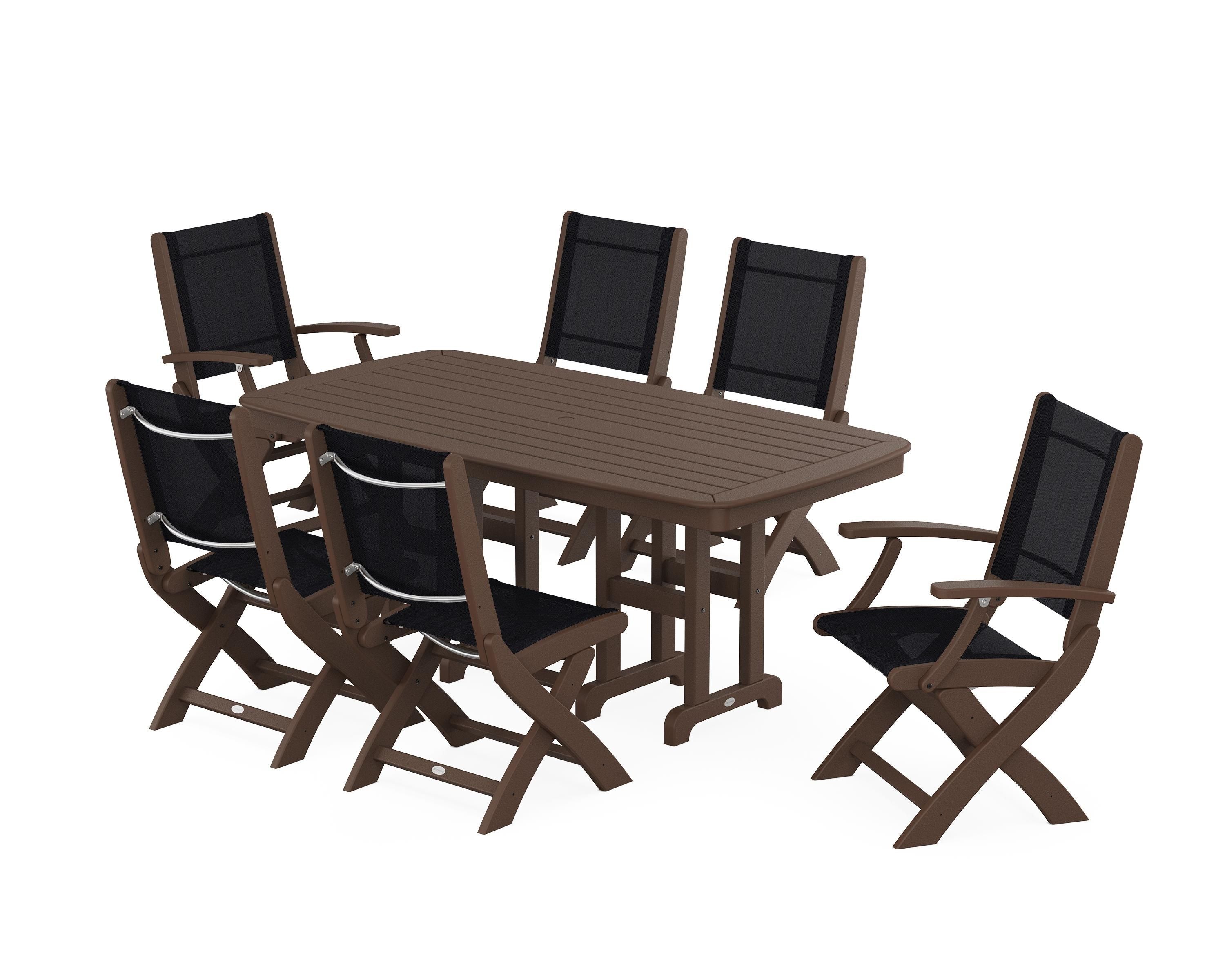 POLYWOOD Coastal Folding Chair 7-Piece Dining Set in Mahogany / Black Sling