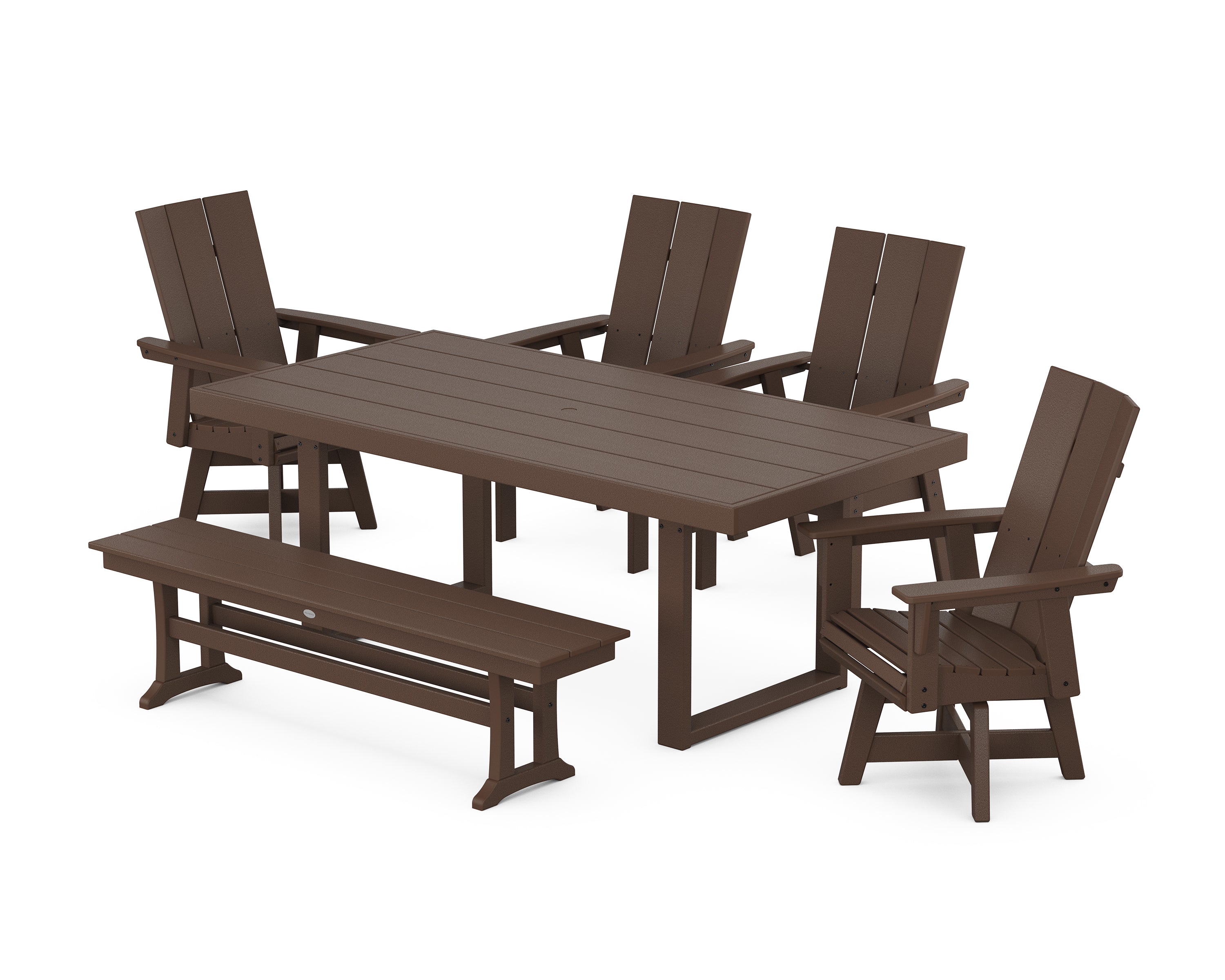 POLYWOOD® Modern Curveback Adirondack Swivel Chair 6-Piece Dining Set with Bench in Mahogany
