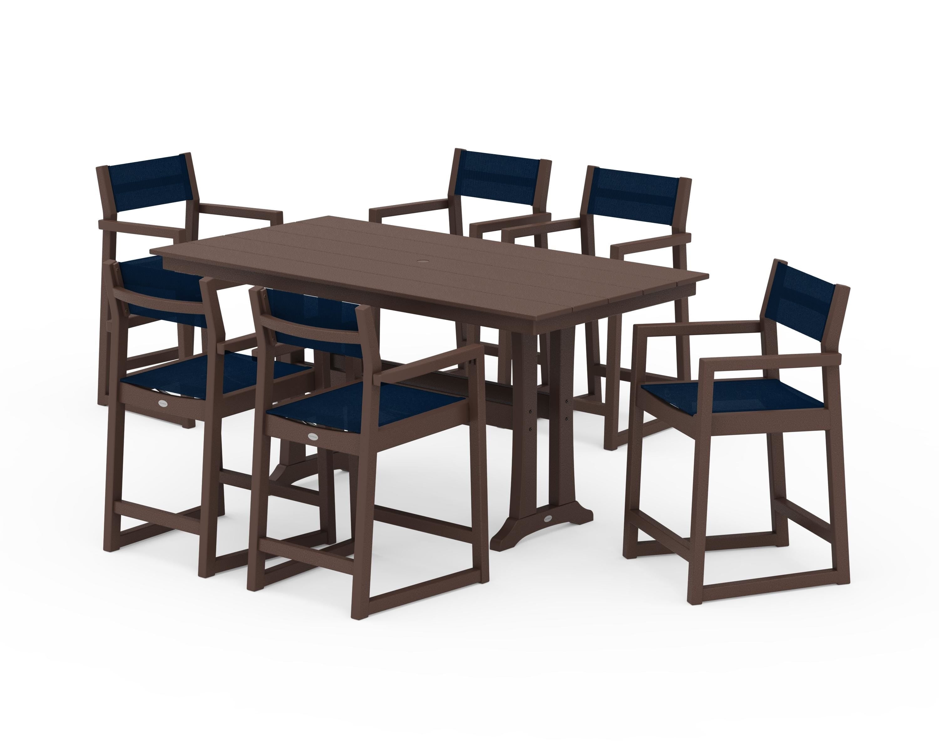 POLYWOOD EDGE Sling Arm Chair 7-Piece Farmhouse Counter Set with Trestle Legs in Mahogany / Navy Blue Sling