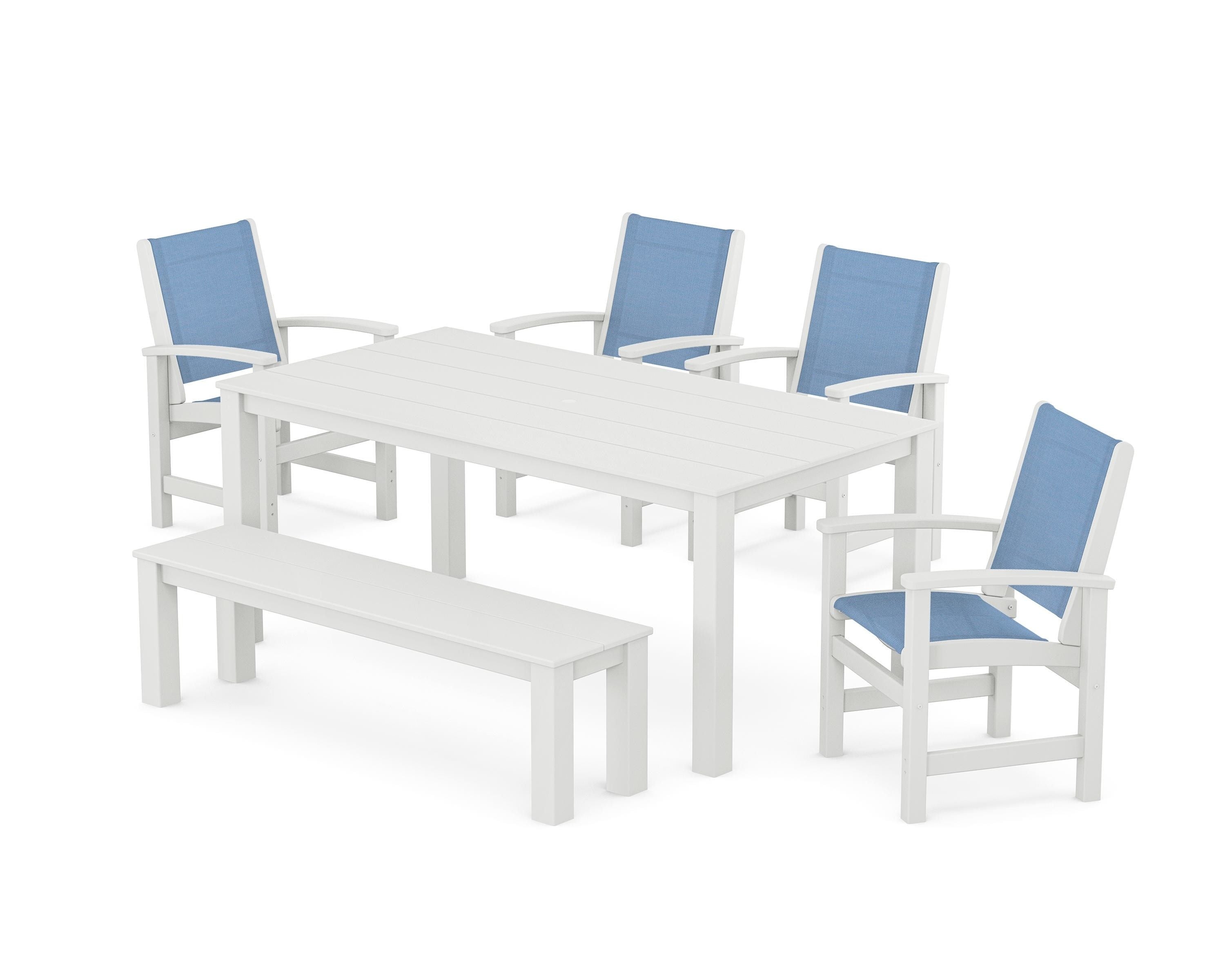 POLYWOOD Coastal 6-Piece Parsons Dining Set with Bench in White / Poolside Sling