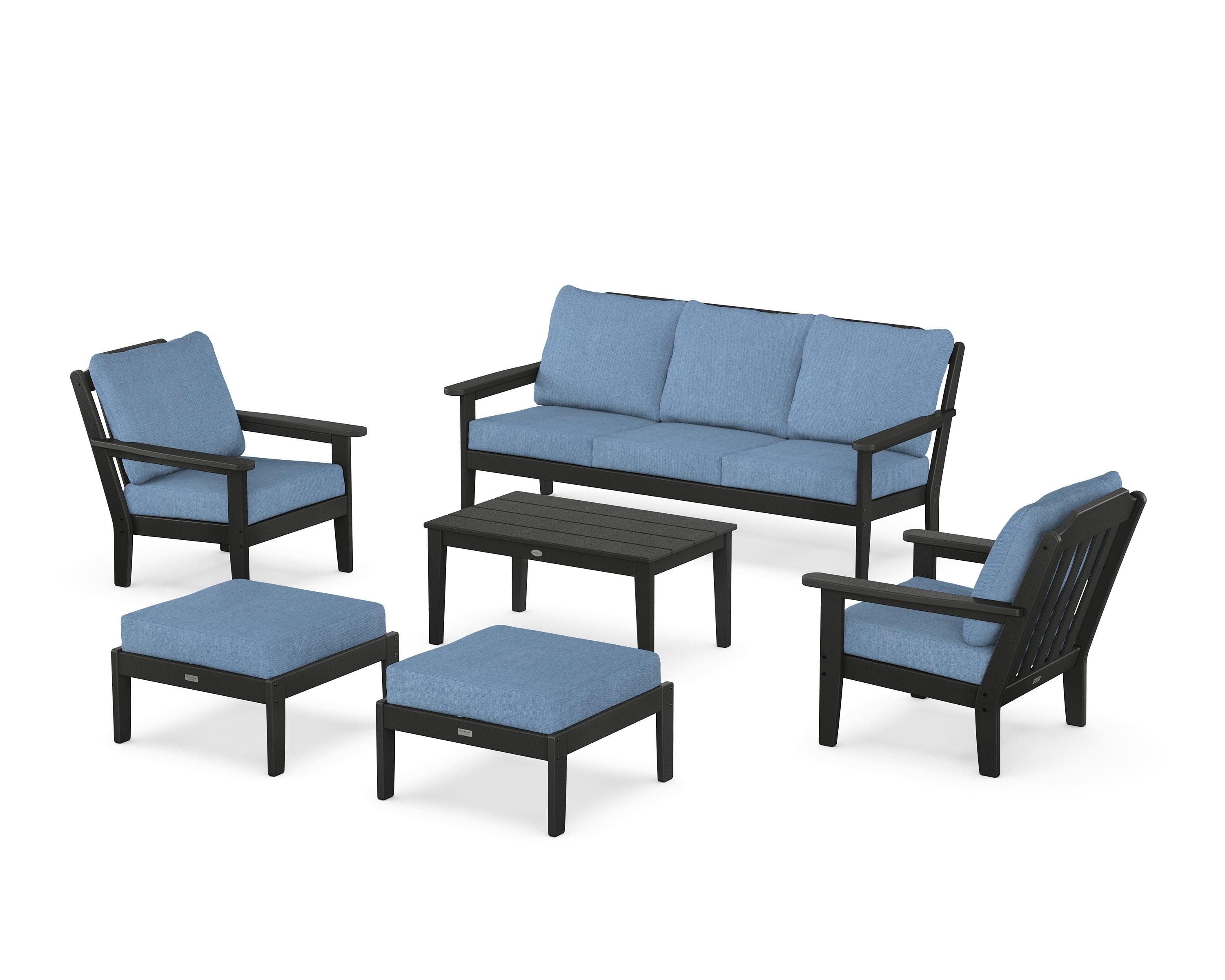 Country Living Cottage 6-Piece Lounge Sofa Set in Black / Sky Blue