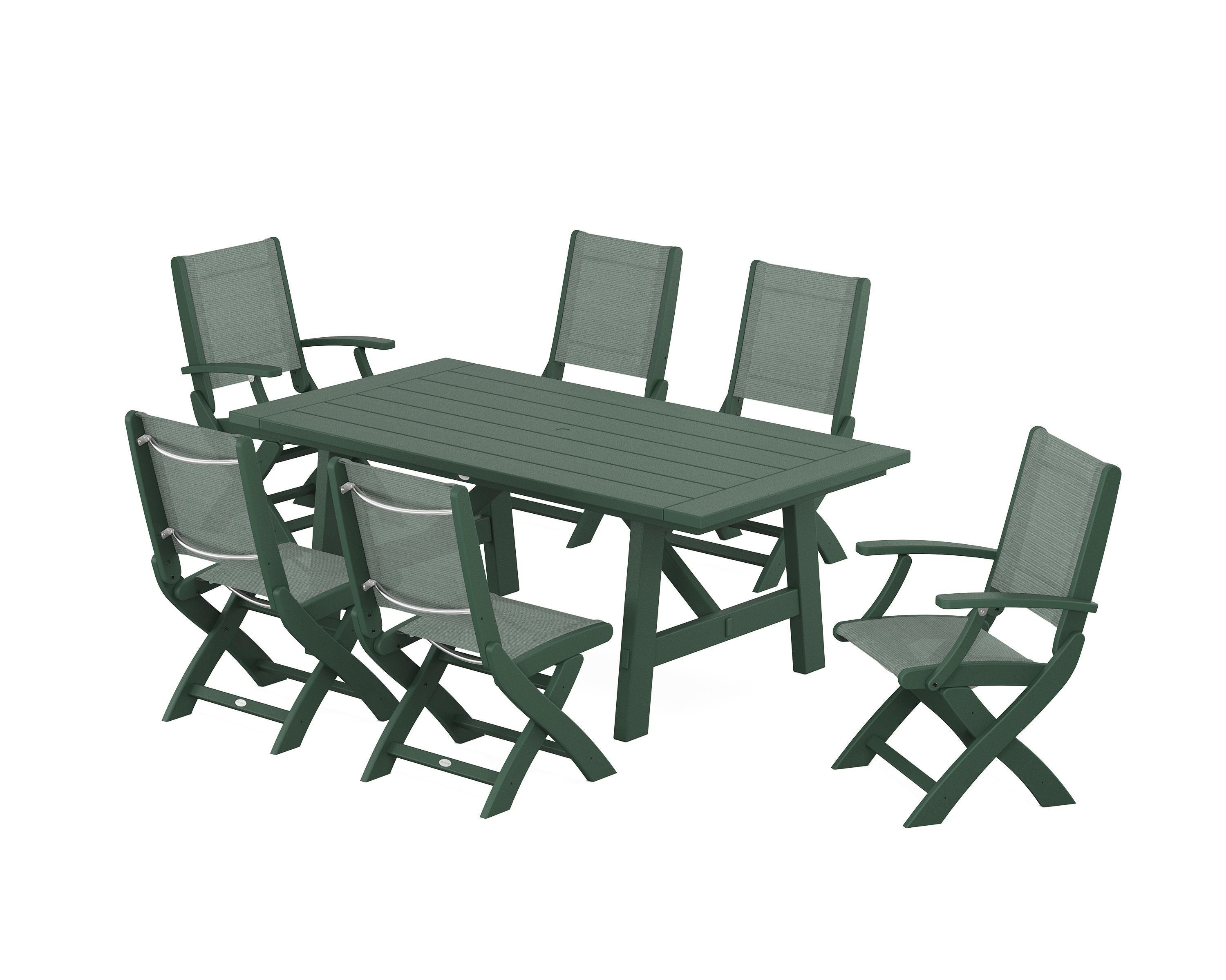POLYWOOD Coastal Folding Chair 7-Piece Rustic Farmhouse Dining Set in Green / Dupioni Sea Mist Sling