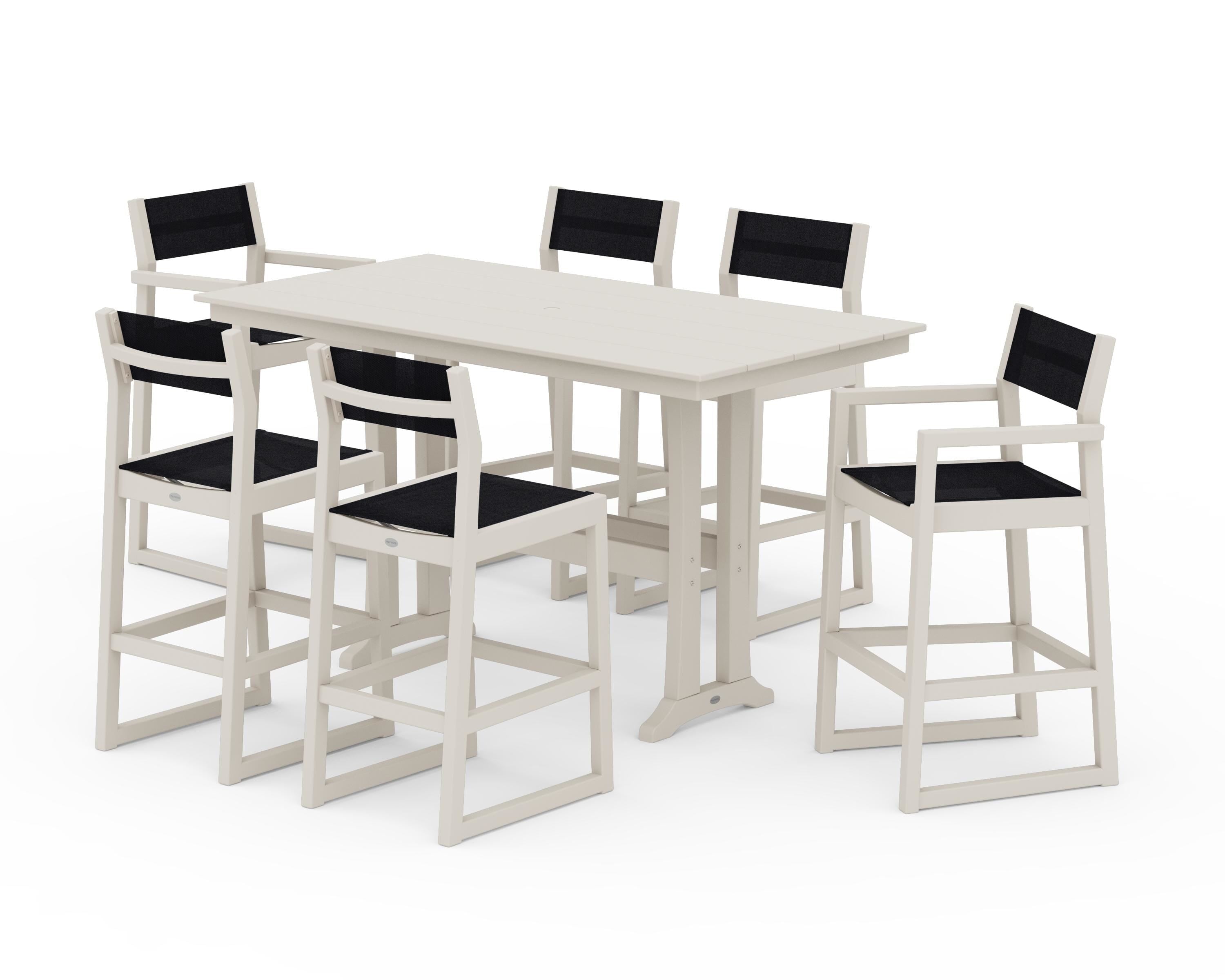 POLYWOOD EDGE Sling 7-Piece Farmhouse Bar Set with Trestle Legs in Sand / Black Sling
