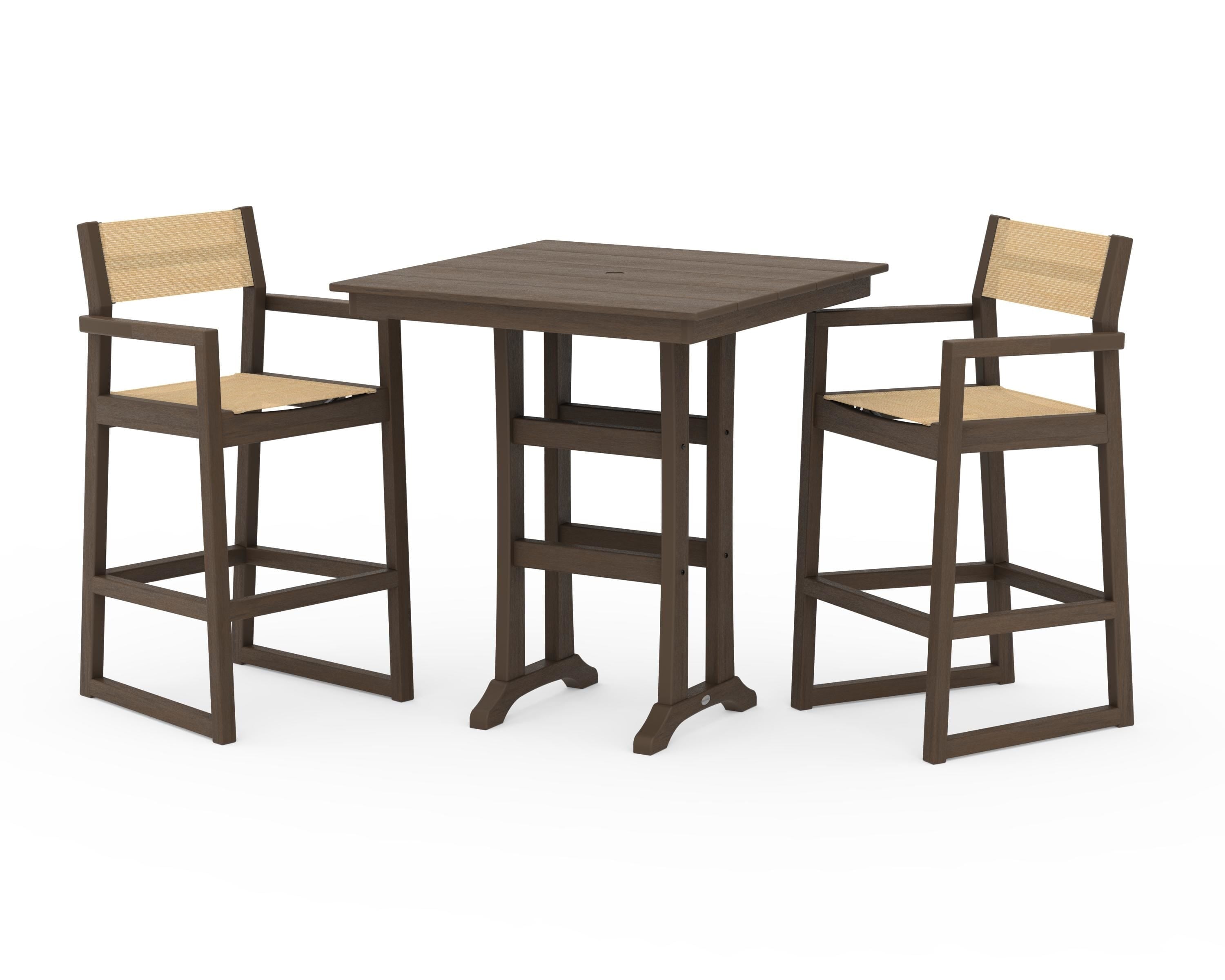 POLYWOOD EDGE Sling Arm Chair 3-Piece Farmhouse Bar Set with Trestle Legs in Kona / Dupioni Apricot Sling
