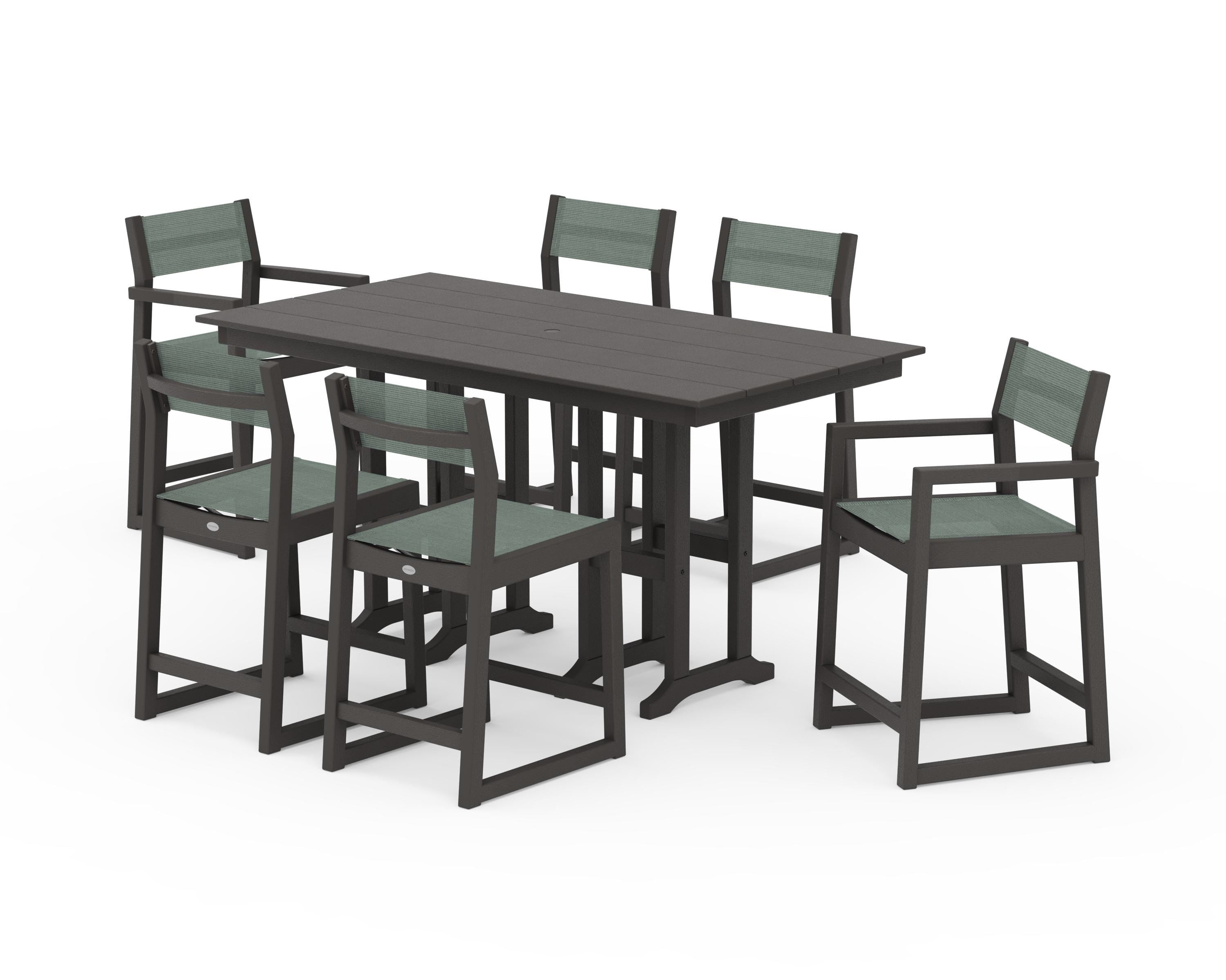 POLYWOOD EDGE Sling 7-Piece Farmhouse Counter Set in Vintage Coffee / Dupioni Sea Mist Sling