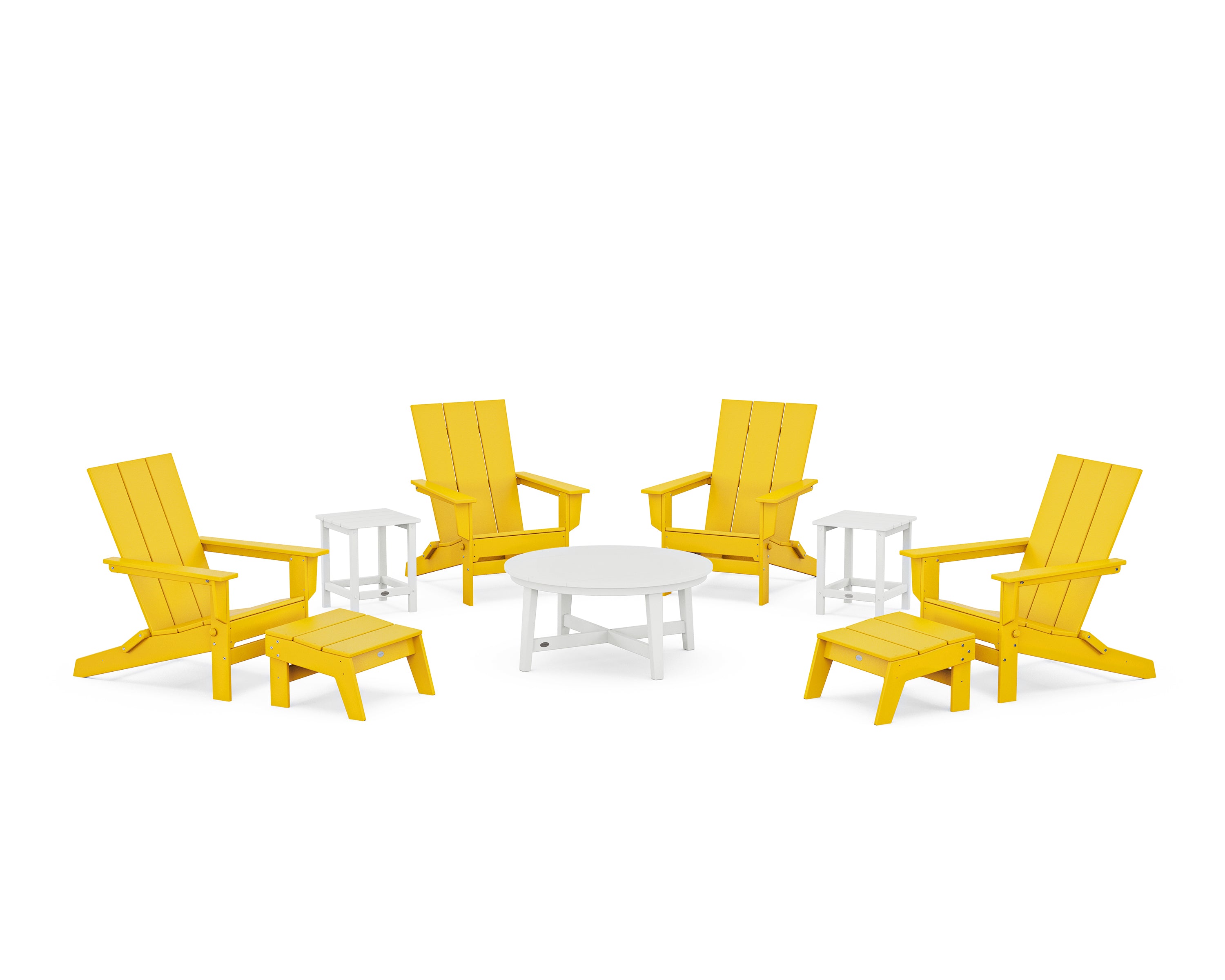 POLYWOOD® Modern Studio Folding Adirondack 9-Piece Conversation Set in Lemon / White
