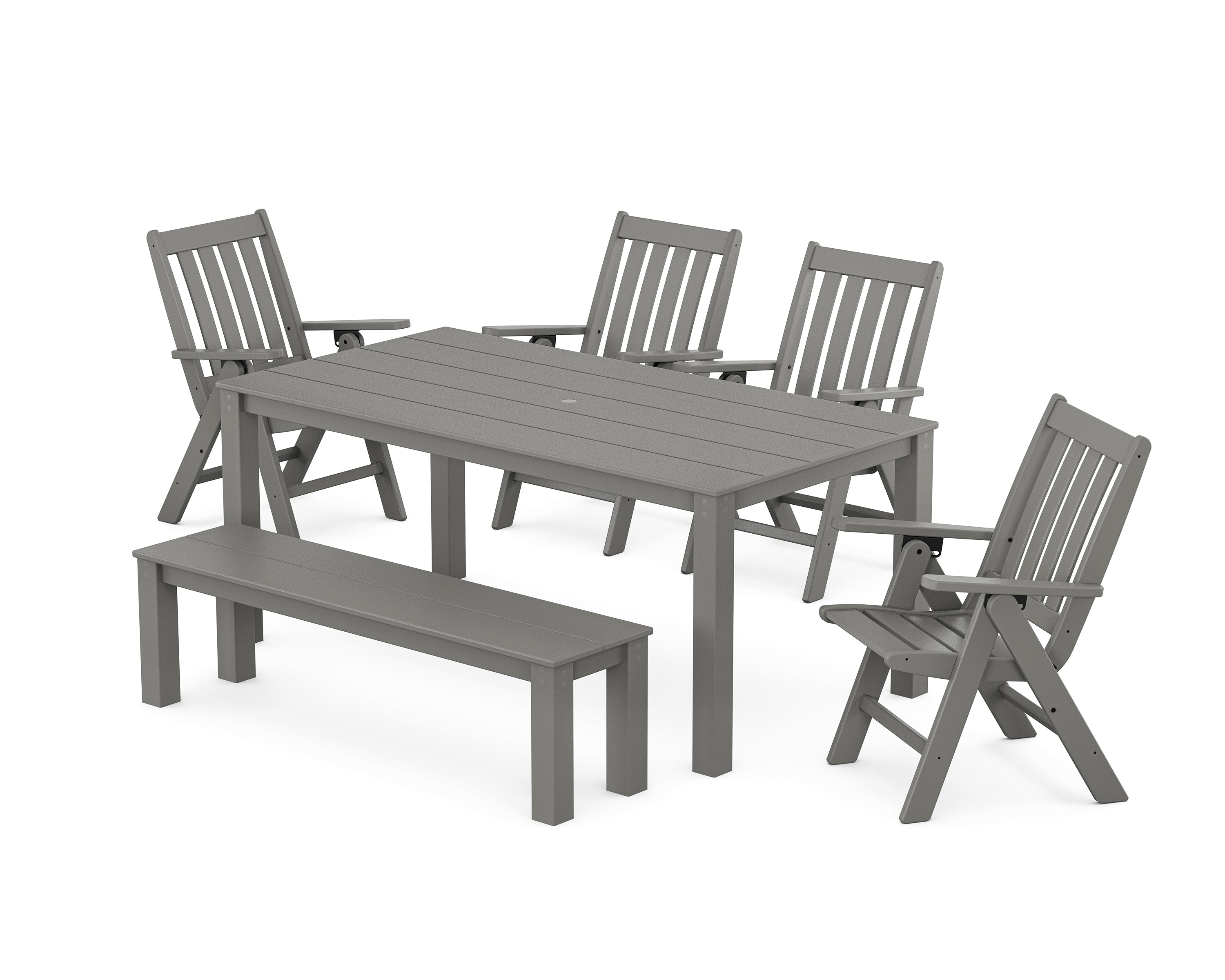 POLYWOOD Vineyard Folding Chair 6-Piece Parsons Dining Set with Bench in Slate Grey