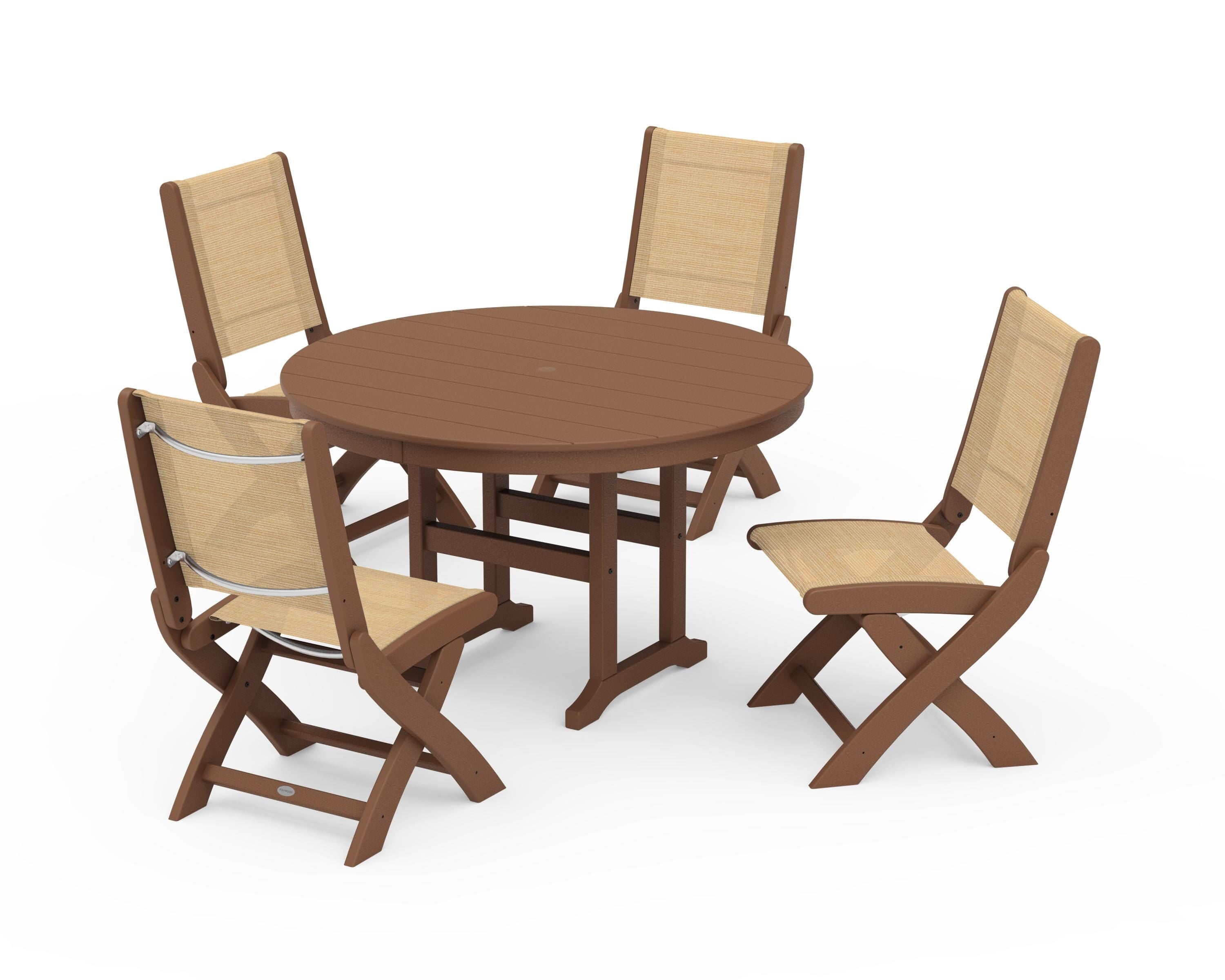 POLYWOOD Coastal Folding Side Chair 5-Piece Round Dining Set in Teak / Dupioni Apricot Sling