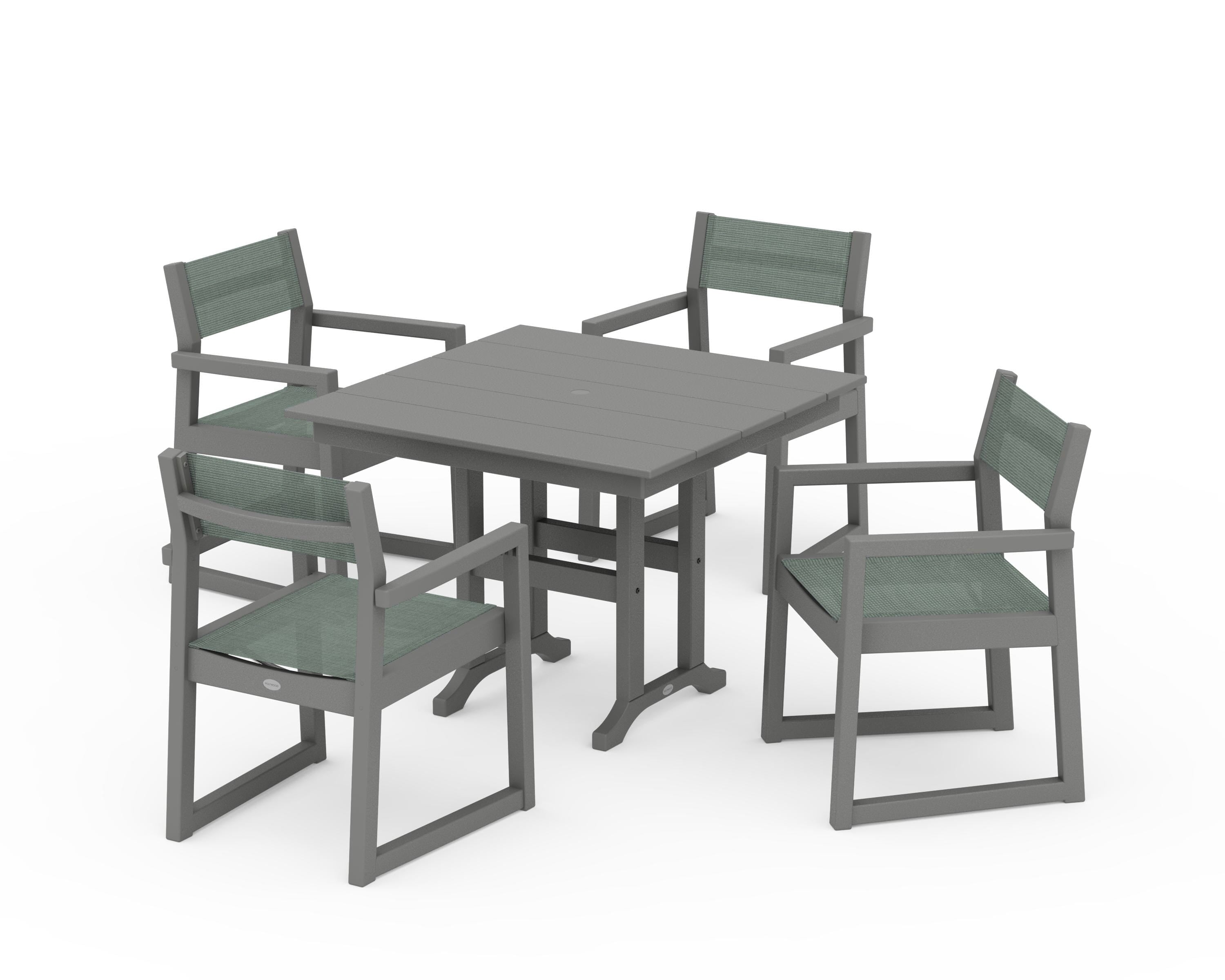 POLYWOOD EDGE Sling Arm Chair 5-Piece Farmhouse Dining Set in Slate Grey / Dupioni Sea Mist Sling