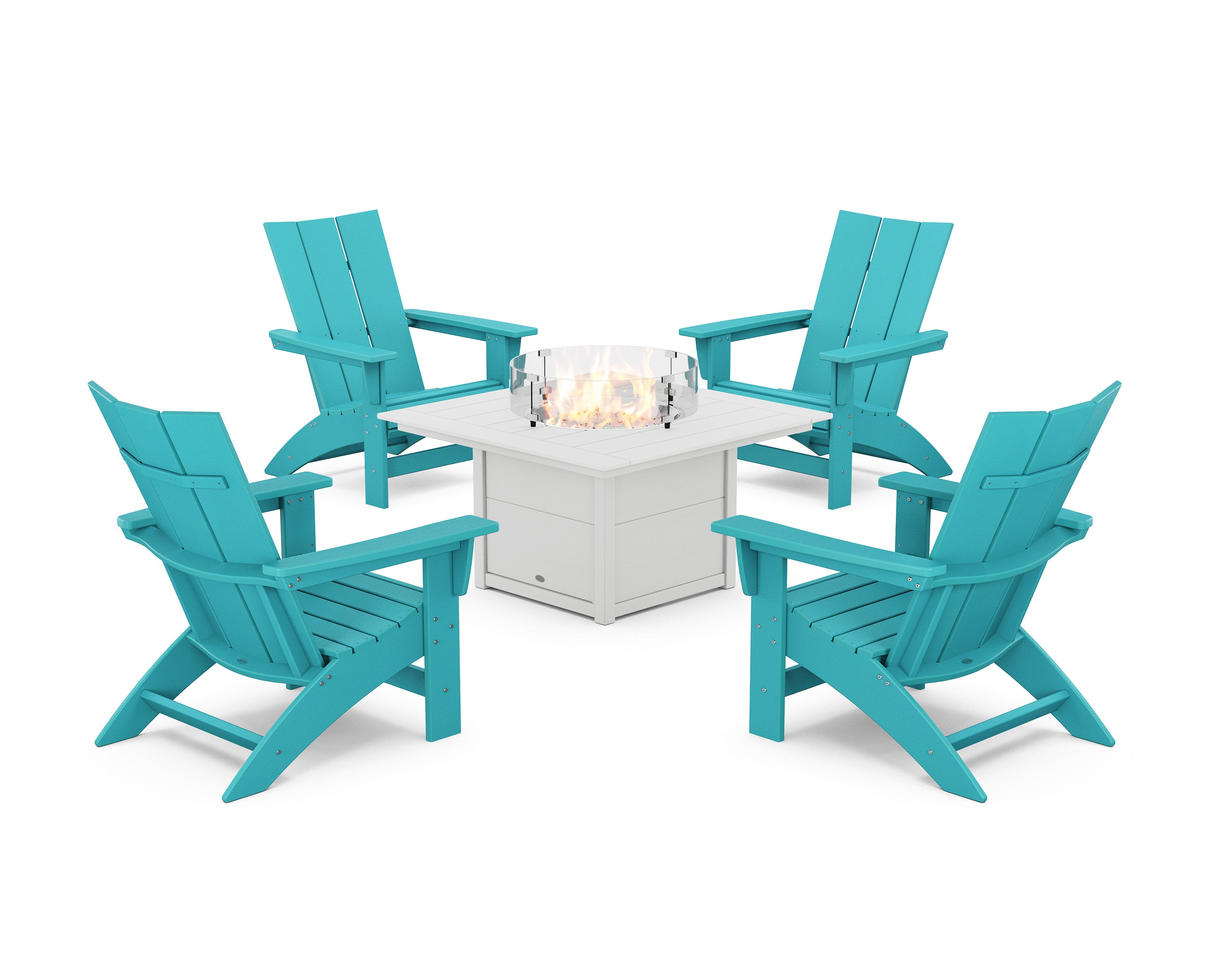 POLYWOOD 5-Piece Modern Grand Adirondack Conversation Set with Fire Pit Table in Aruba / White