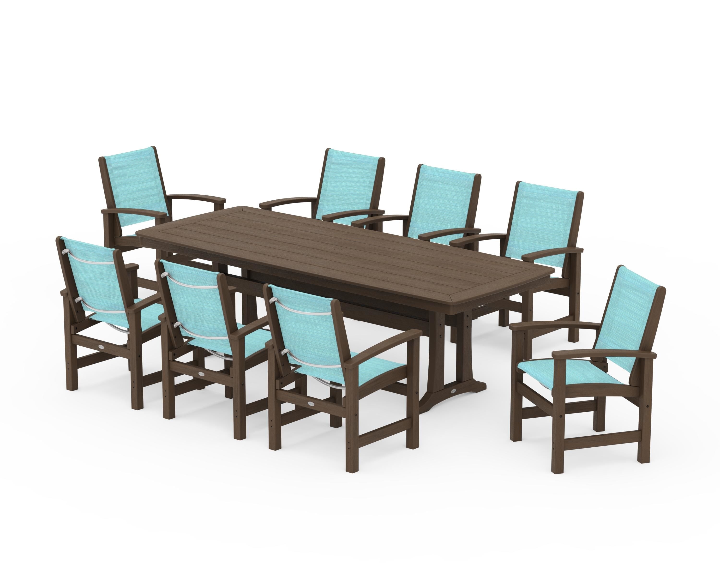 POLYWOOD Coastal 9-Piece Dining Set with Trestle Legs in Kona / Dupioni Aquamarine Sling