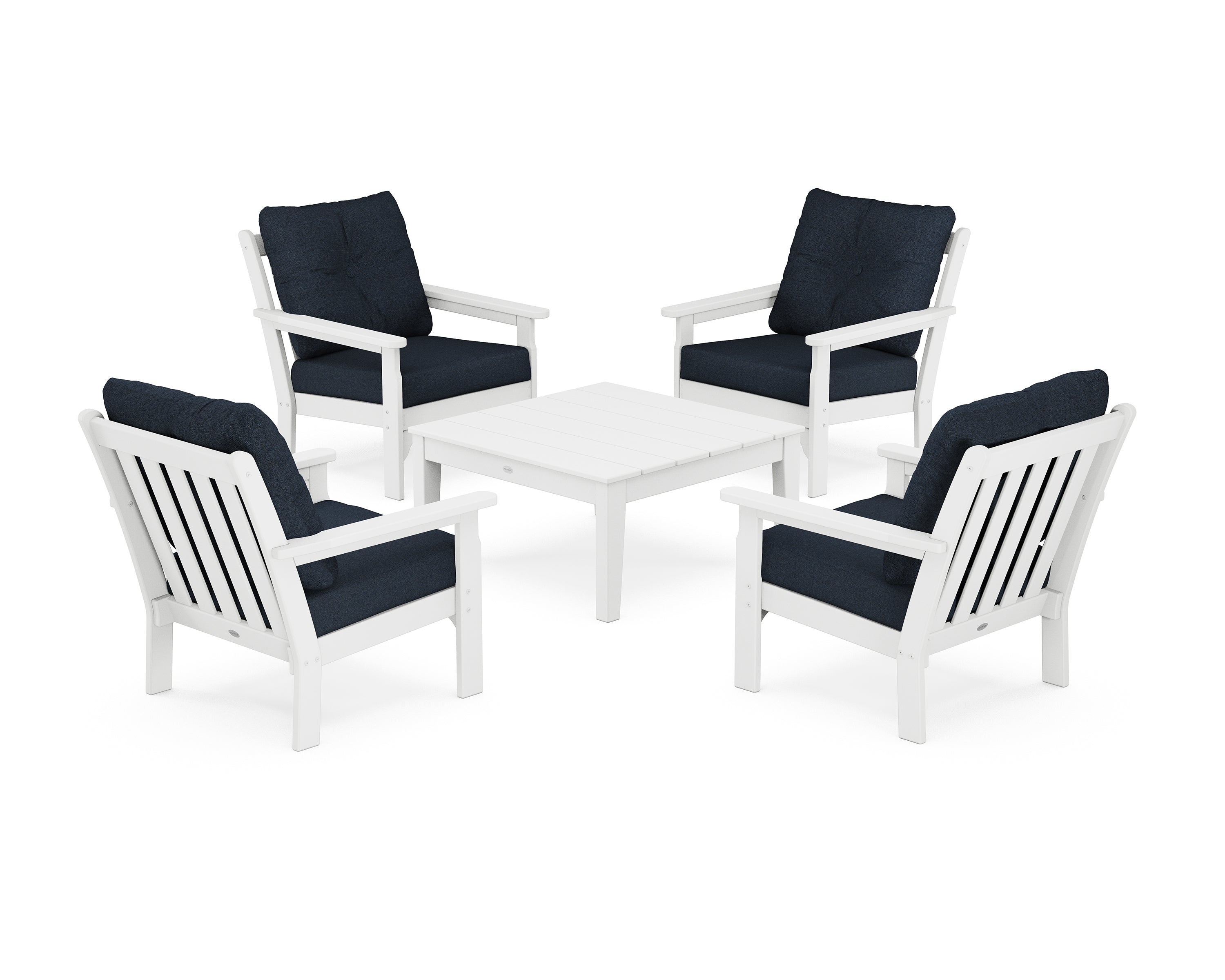 POLYWOOD Vineyard 5-Piece Deep Seating Conversation Set in White / Marine Indigo