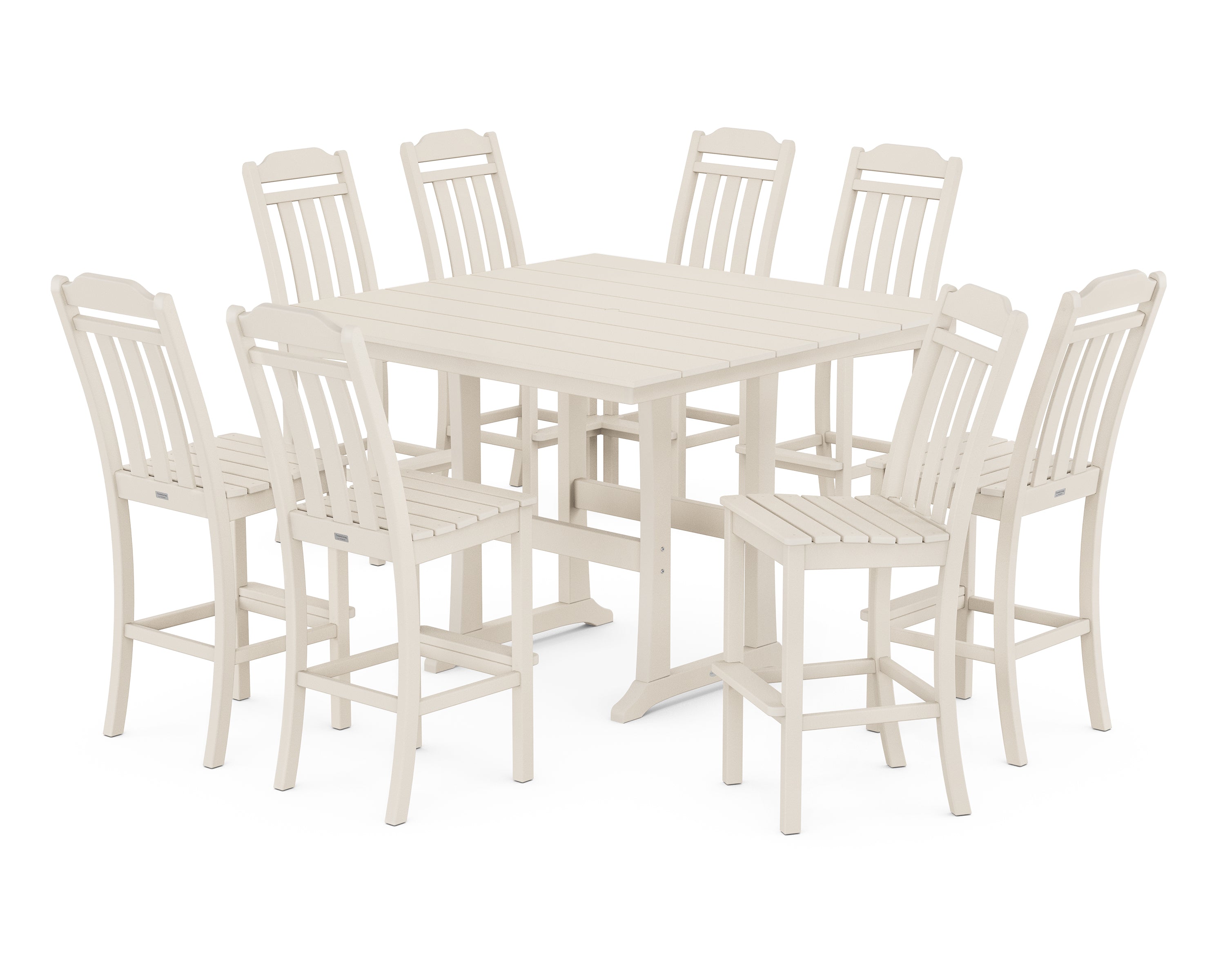 POLYWOOD Country Living 9-Piece Square Farmhouse Side Chair Bar Set with Trestle Legs in Sand