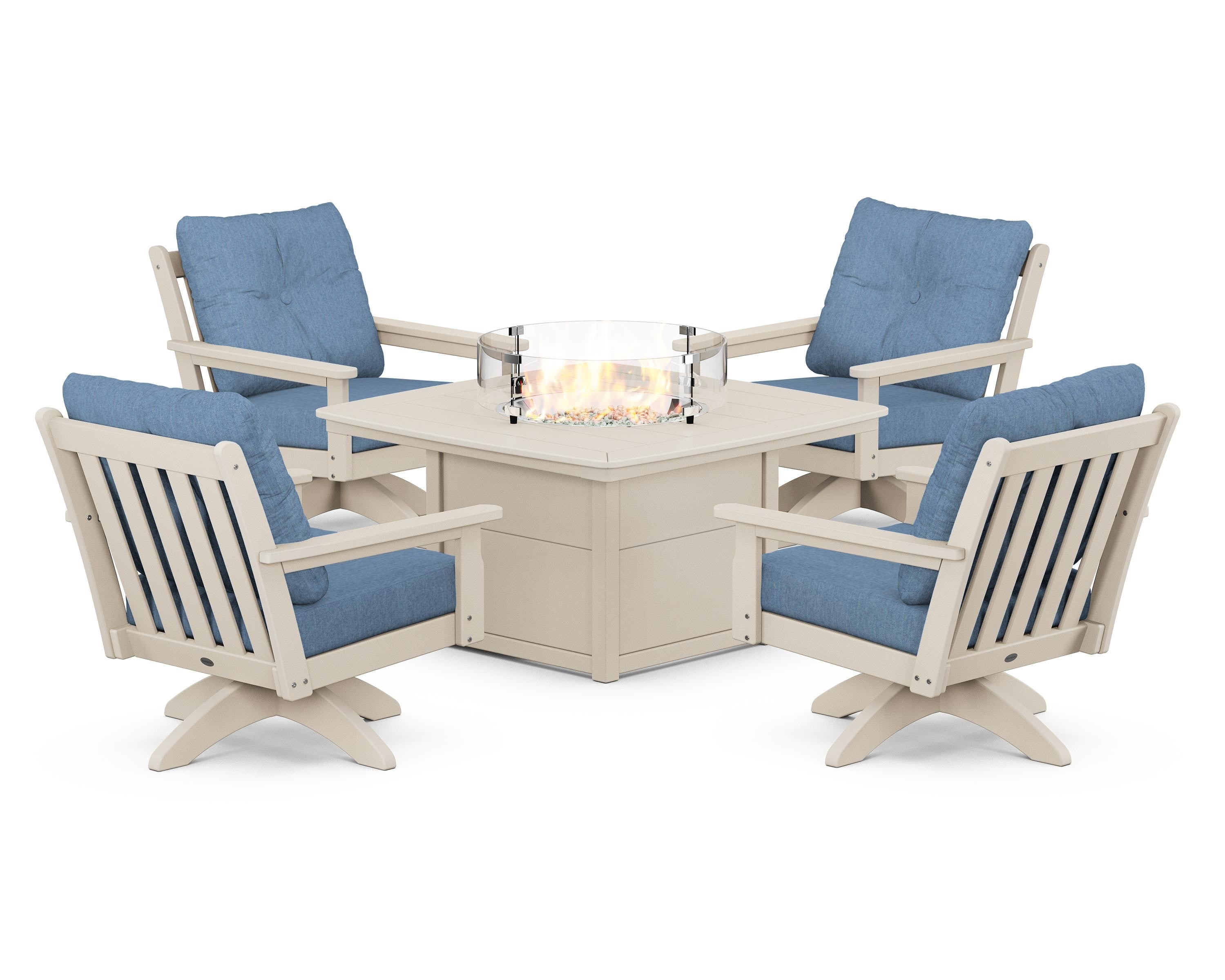 POLYWOOD Vineyard 5-Piece Deep Seating Swivel Conversation Set with Fire Pit Table in Sand / Sky Blue
