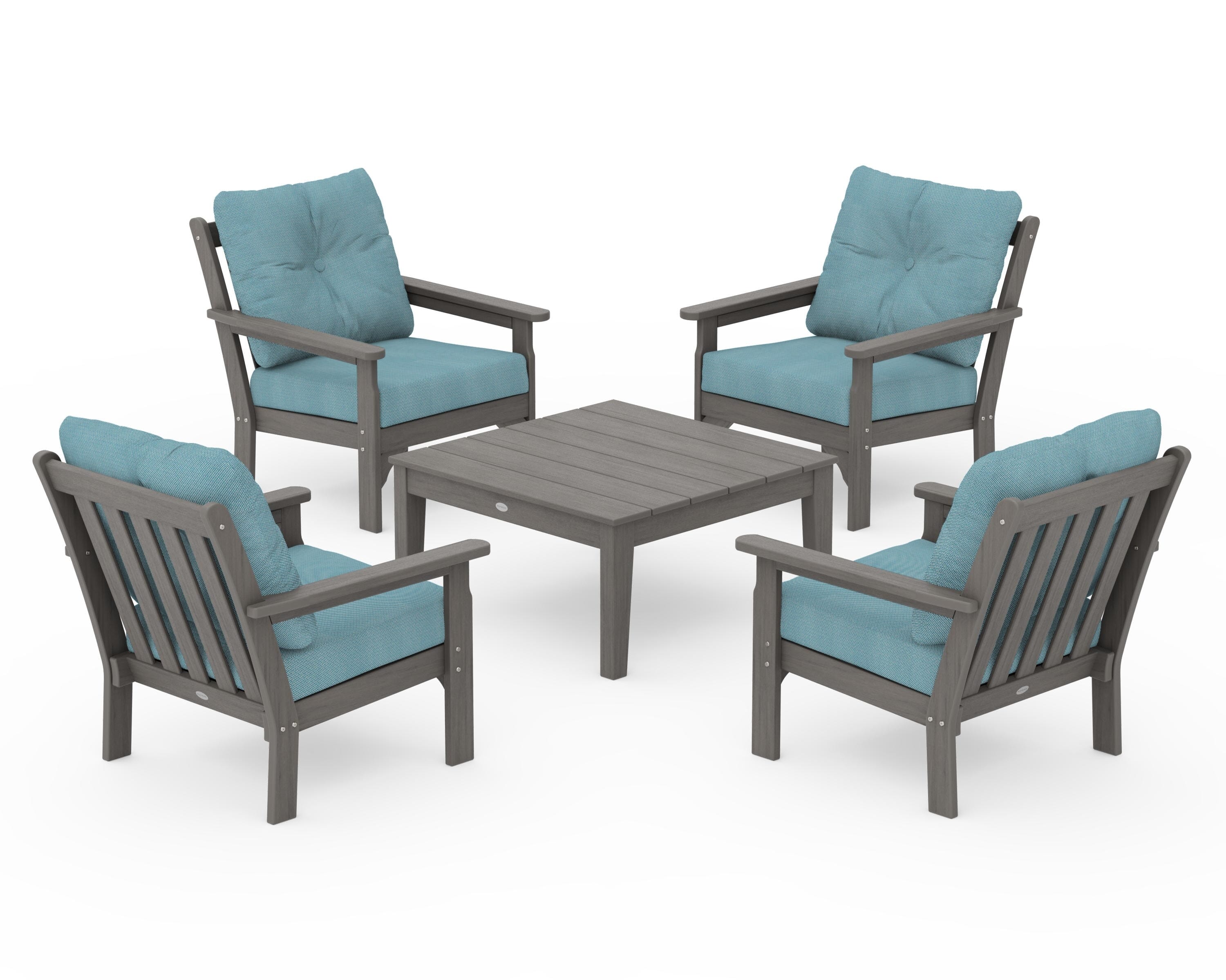 POLYWOOD Vineyard 5-Piece Deep Seating Conversation Set in Driftwood / Lattice Sky Blue