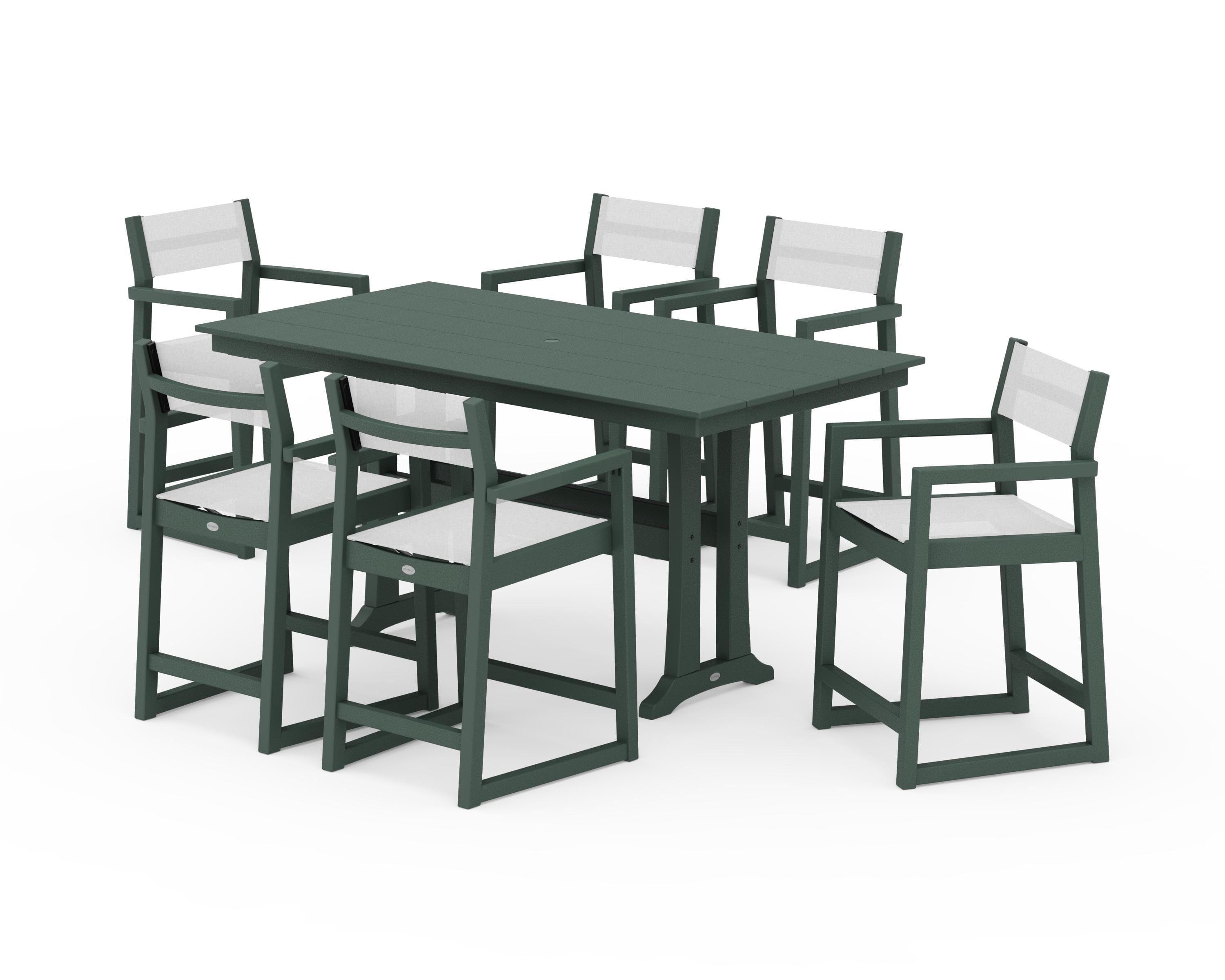 POLYWOOD EDGE Sling Arm Chair 7-Piece Farmhouse Counter Set with Trestle Legs in Green / White Sling