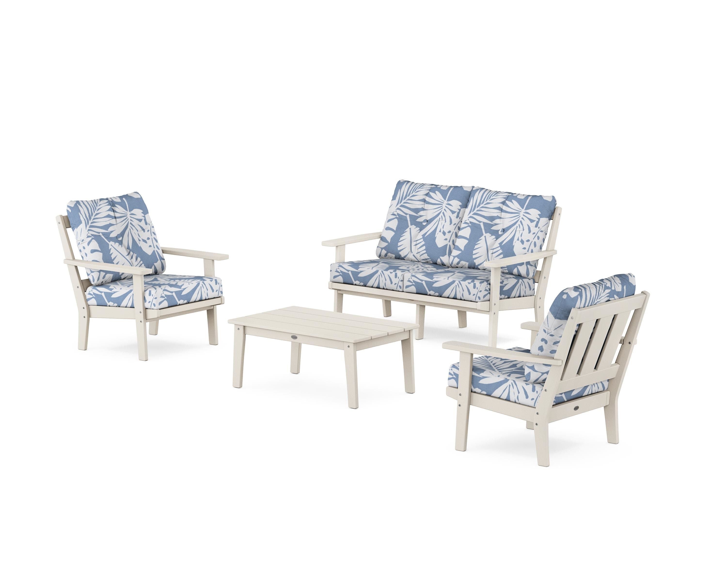 POLYWOOD Oxford 4-Piece Deep Seating Set with Loveseat in Sand / Leaf Sky Blue