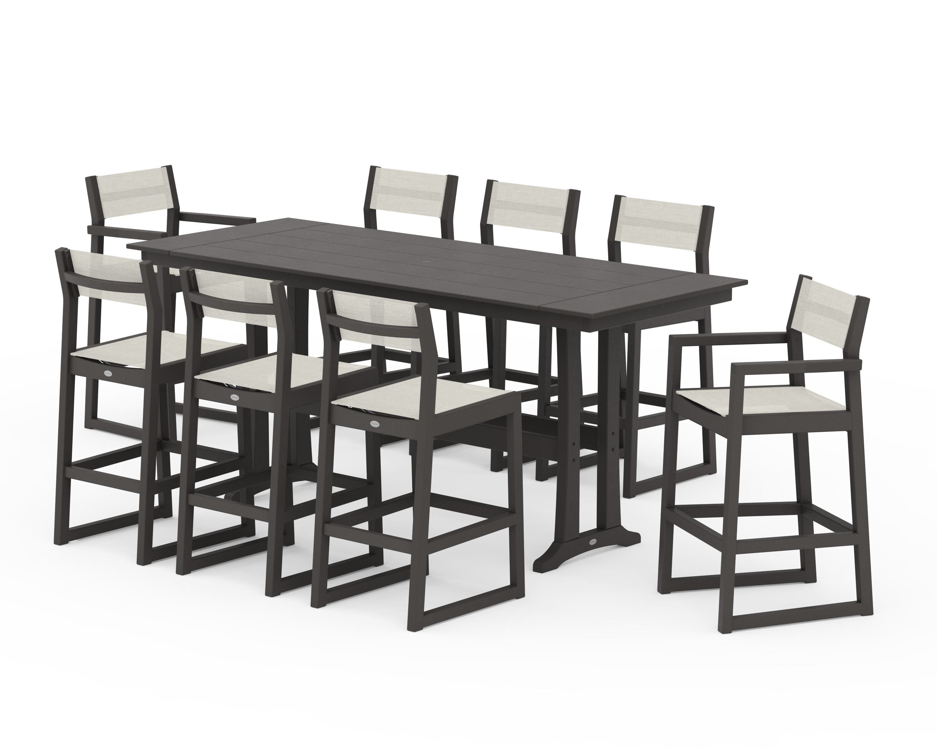 POLYWOOD EDGE Sling 9-Piece Farmhouse Bar Set with Trestle Legs in Vintage Coffee / Parchment Sling