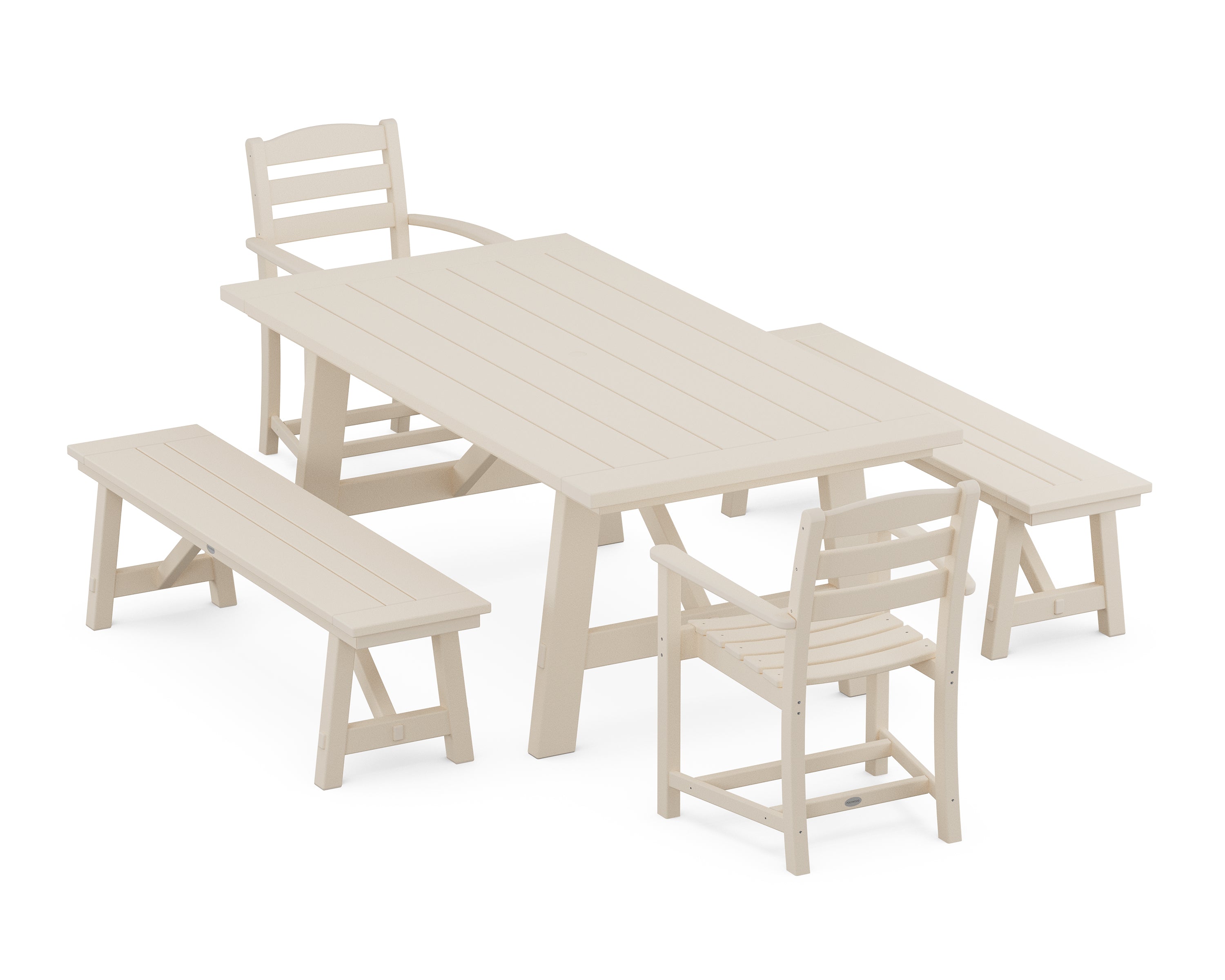 POLYWOOD La Casa Café 5-Piece Rustic Farmhouse Dining Set With Benches in Sand