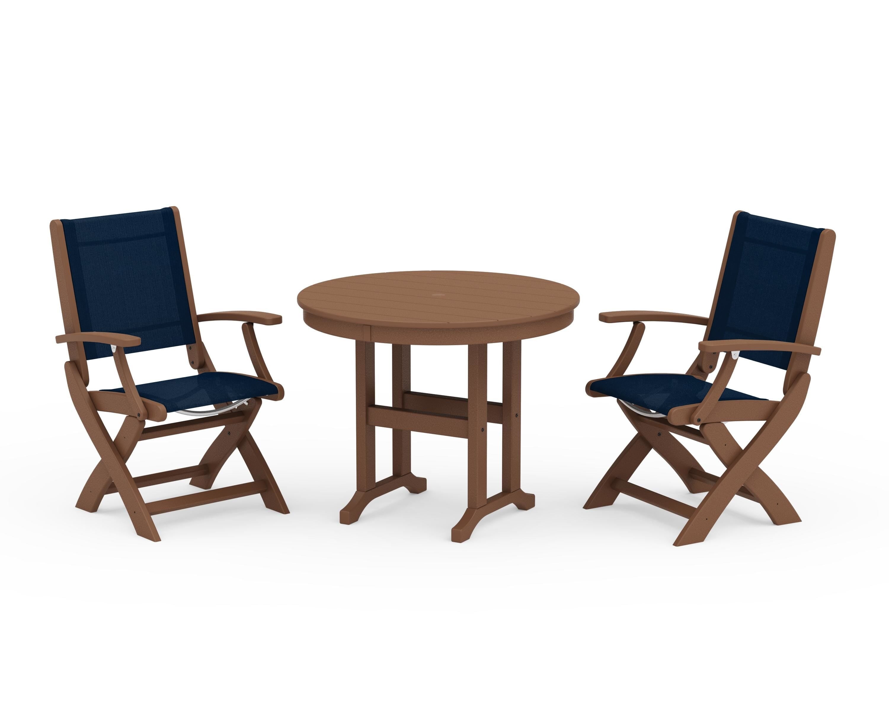 POLYWOOD Coastal Folding Chair 3-Piece Round Dining Set in Teak / Navy Blue Sling