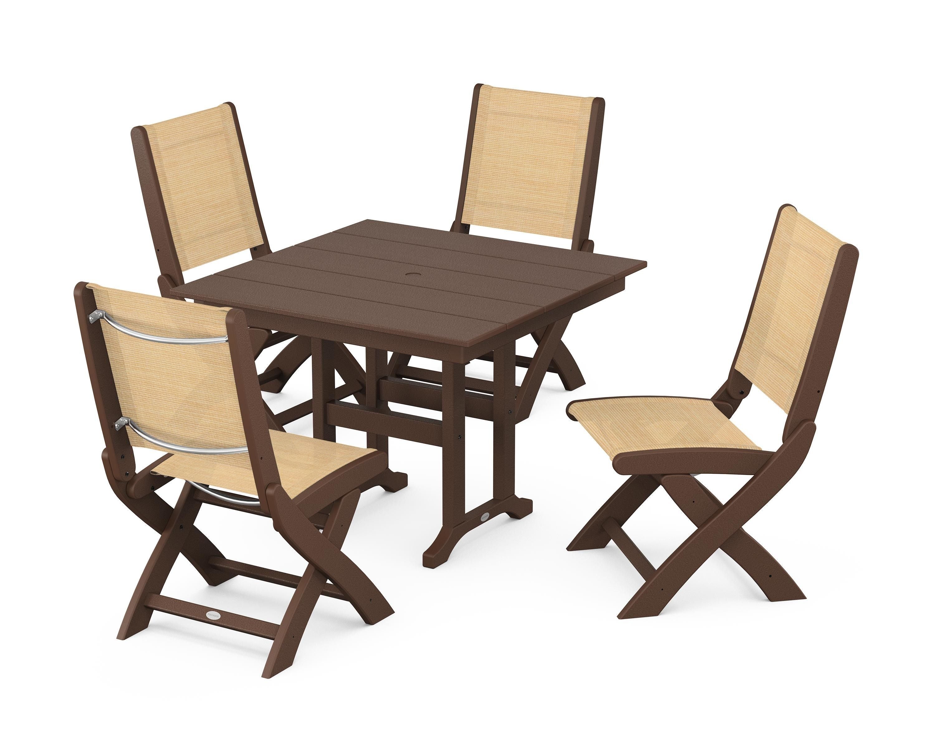 POLYWOOD Coastal Folding Side Chair 5-Piece Farmhouse Dining Set in Mahogany / Dupioni Apricot Sling