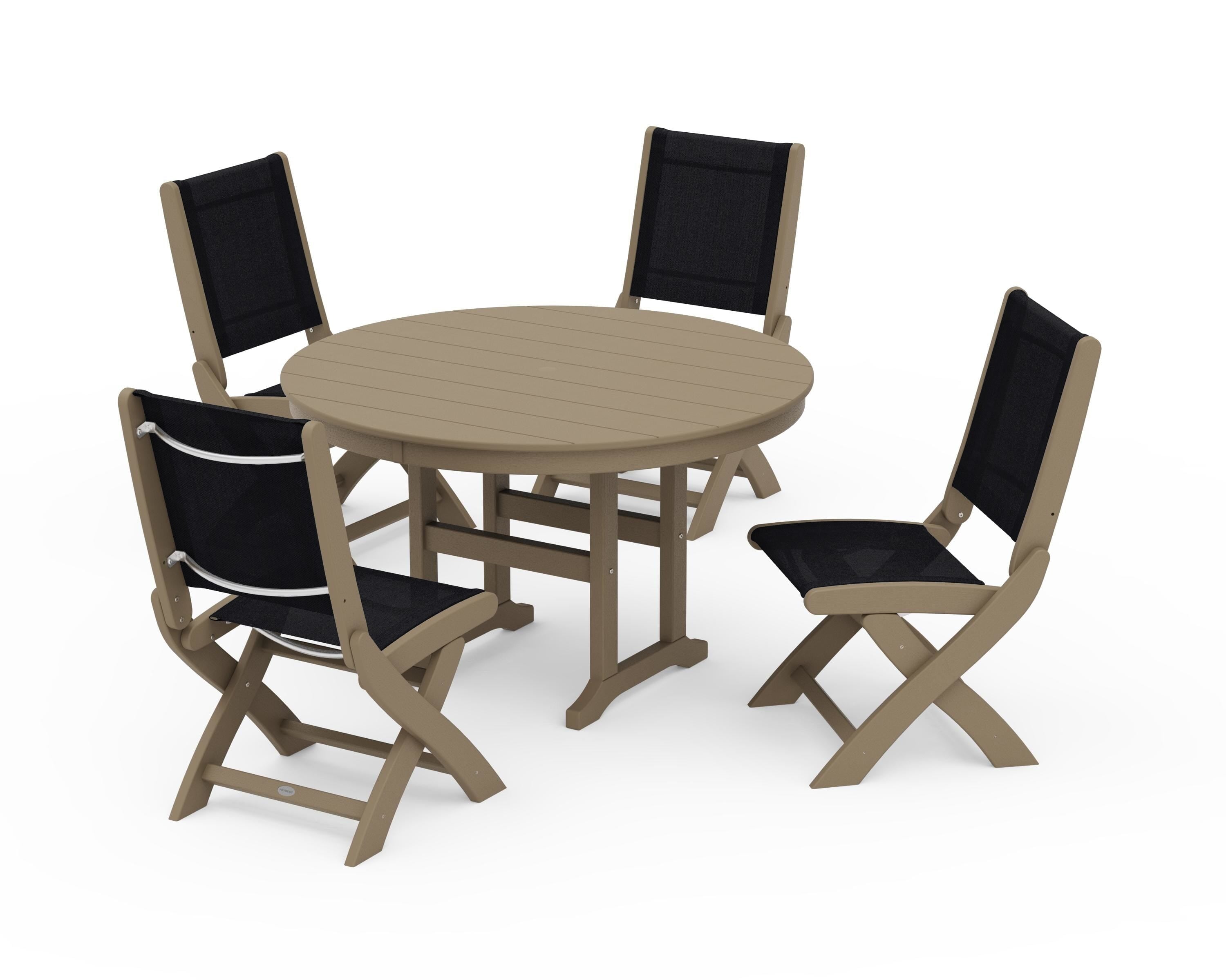 POLYWOOD Coastal Folding Side Chair 5-Piece Round Dining Set in Vintage Sahara / Black Sling